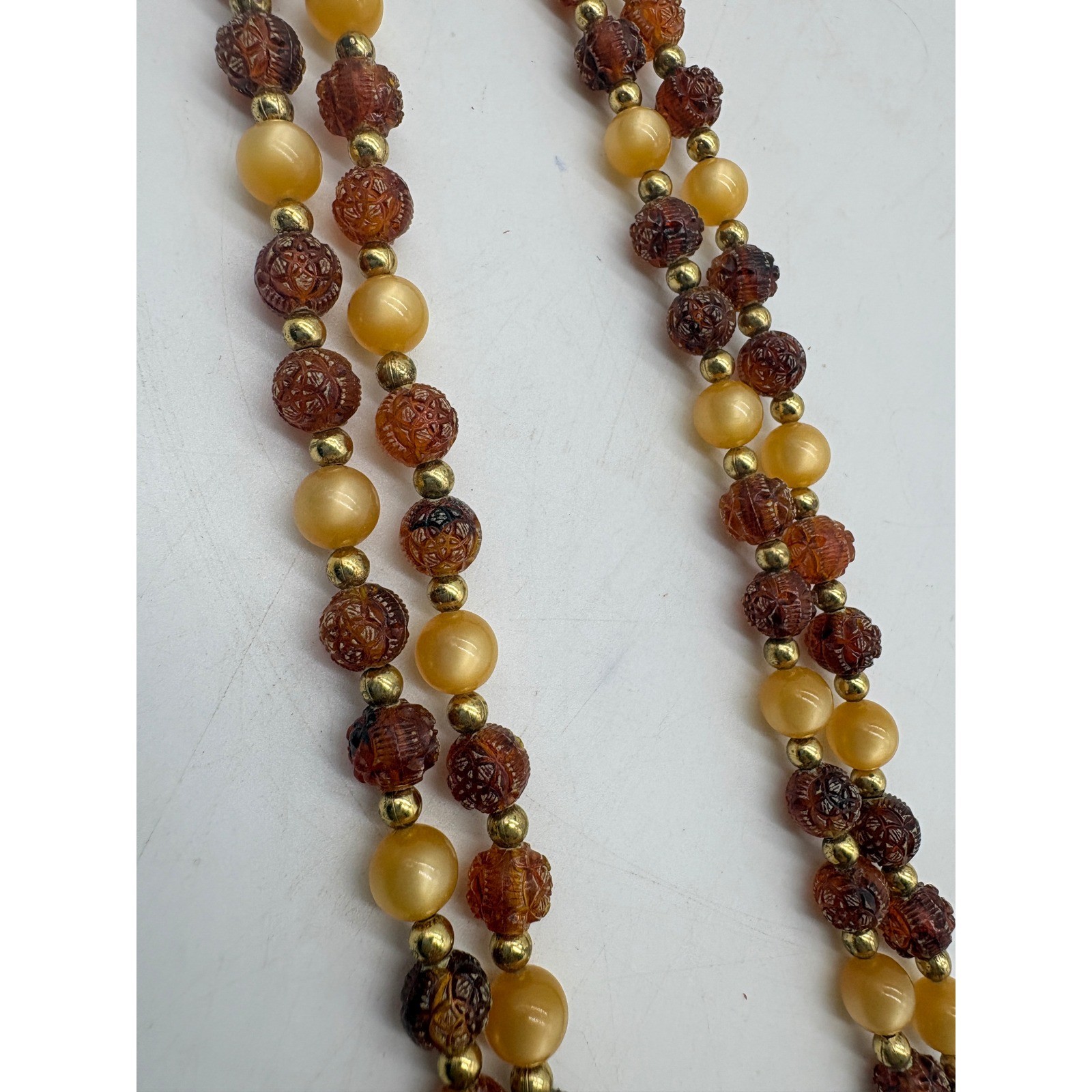 Vintage Yellow Carved Floral Beaded Opera Necklace 50 Inch Long Boho Retro