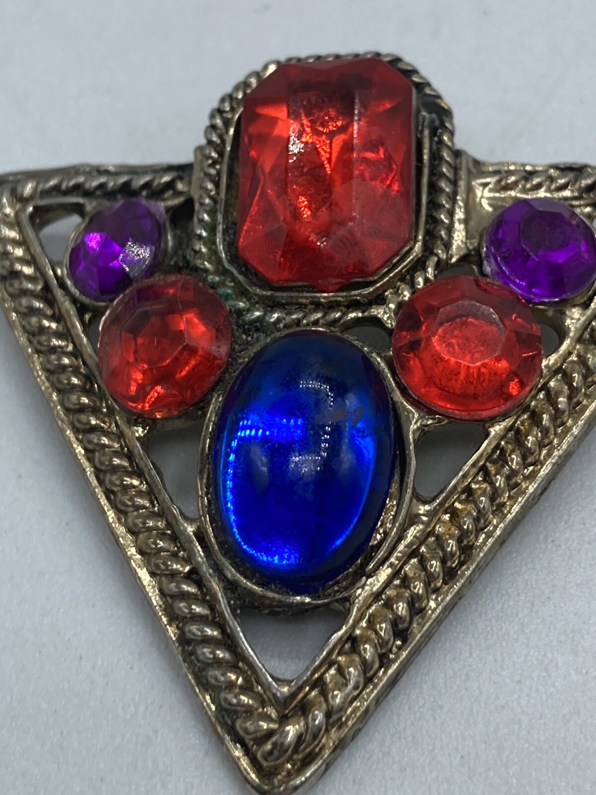 Vintage Colorful Cabochon Triangle Shaped Brooch Antiqued Gold Tone Finish Nice!