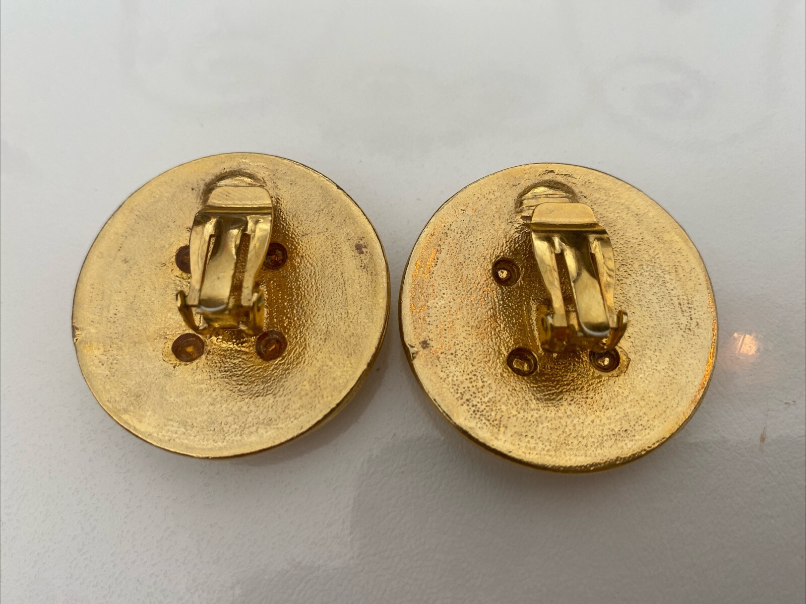 Vintage Clip On Off-White Button Enamel Earrings With Gold Trim Nautical Costume