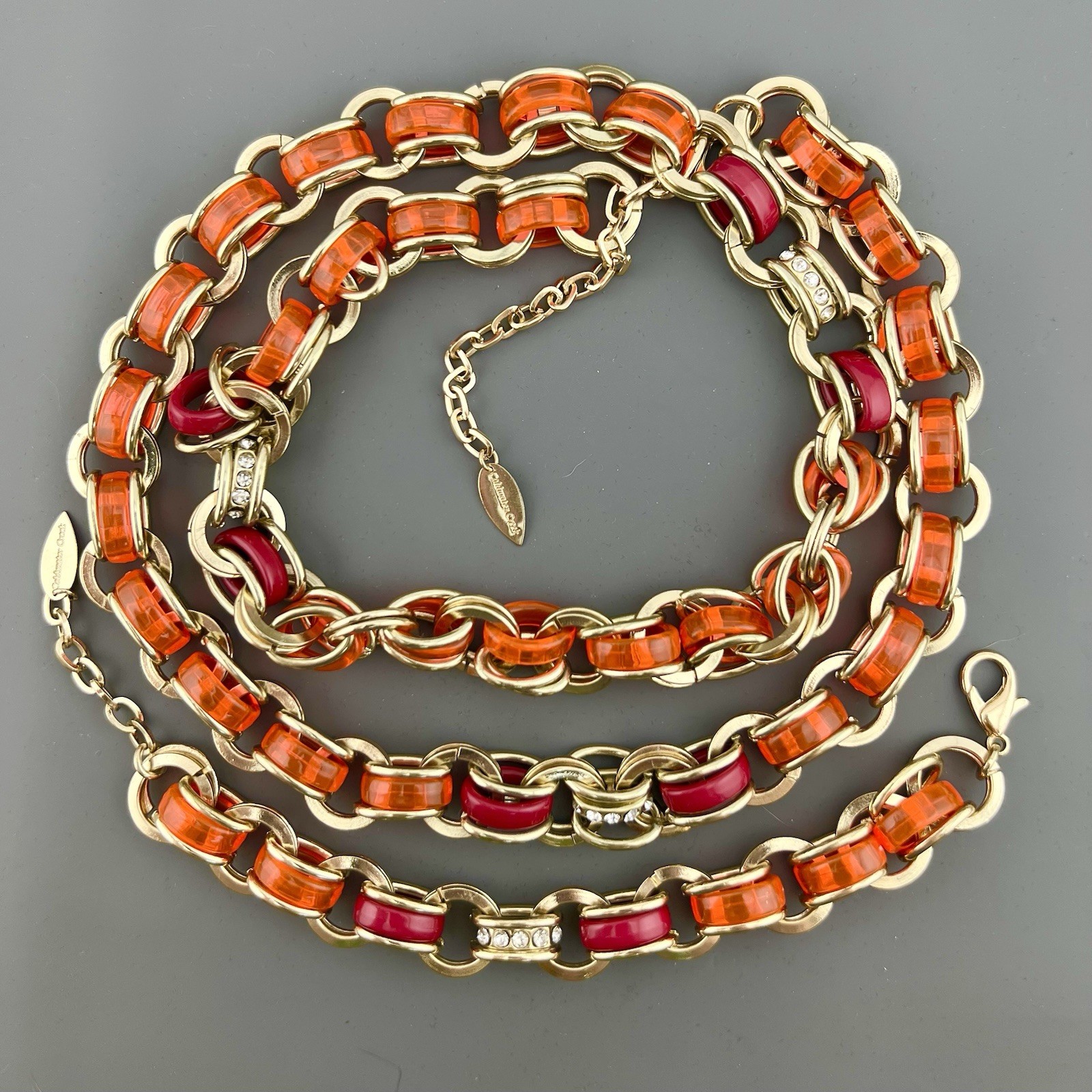Coldwater Creek Necklace Bracelet Set Lucite Rhinestone Orange Gold Tone Signed