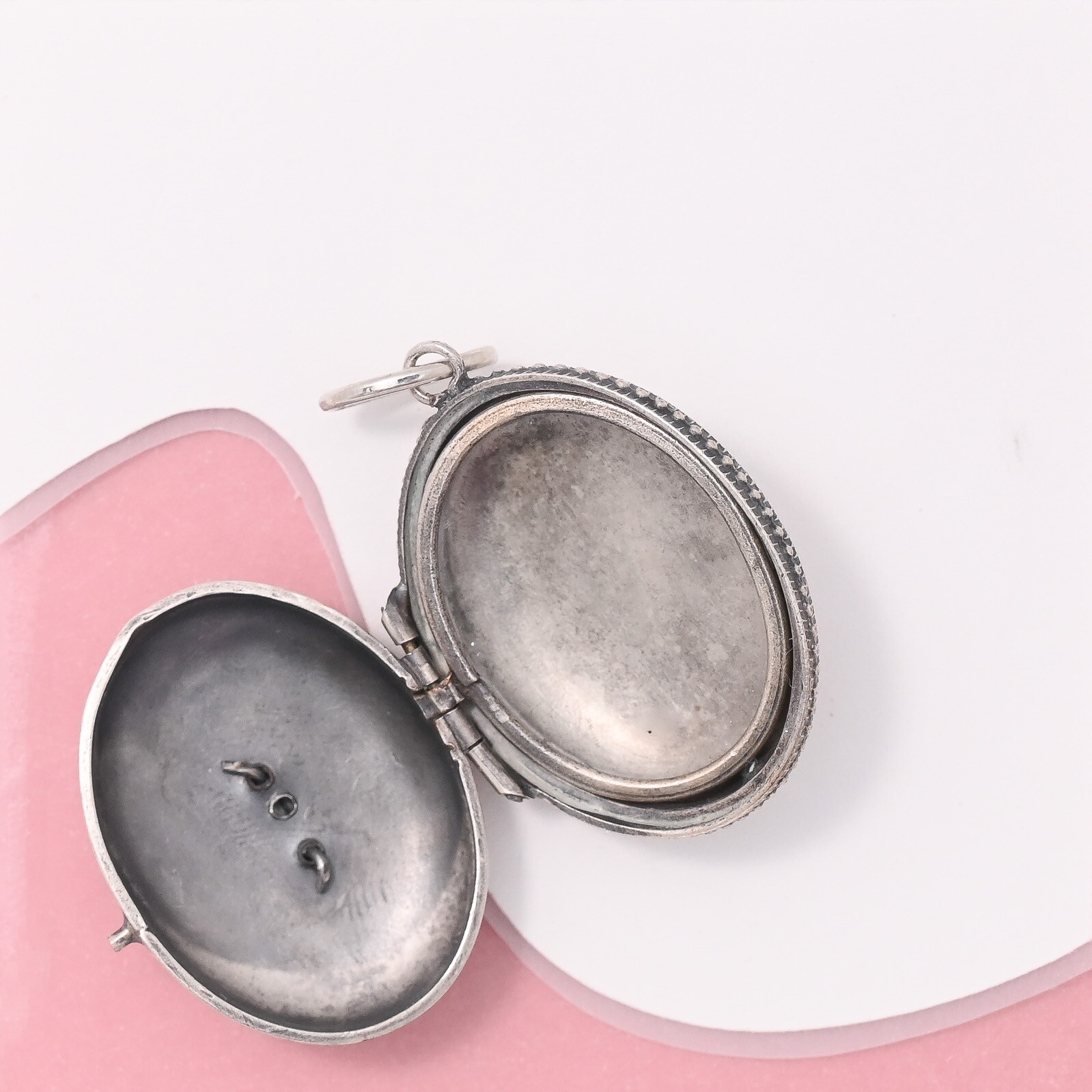 Antique Victorian Heart Cross Anchor Pink Paste Silver Puffy Pendant Locket