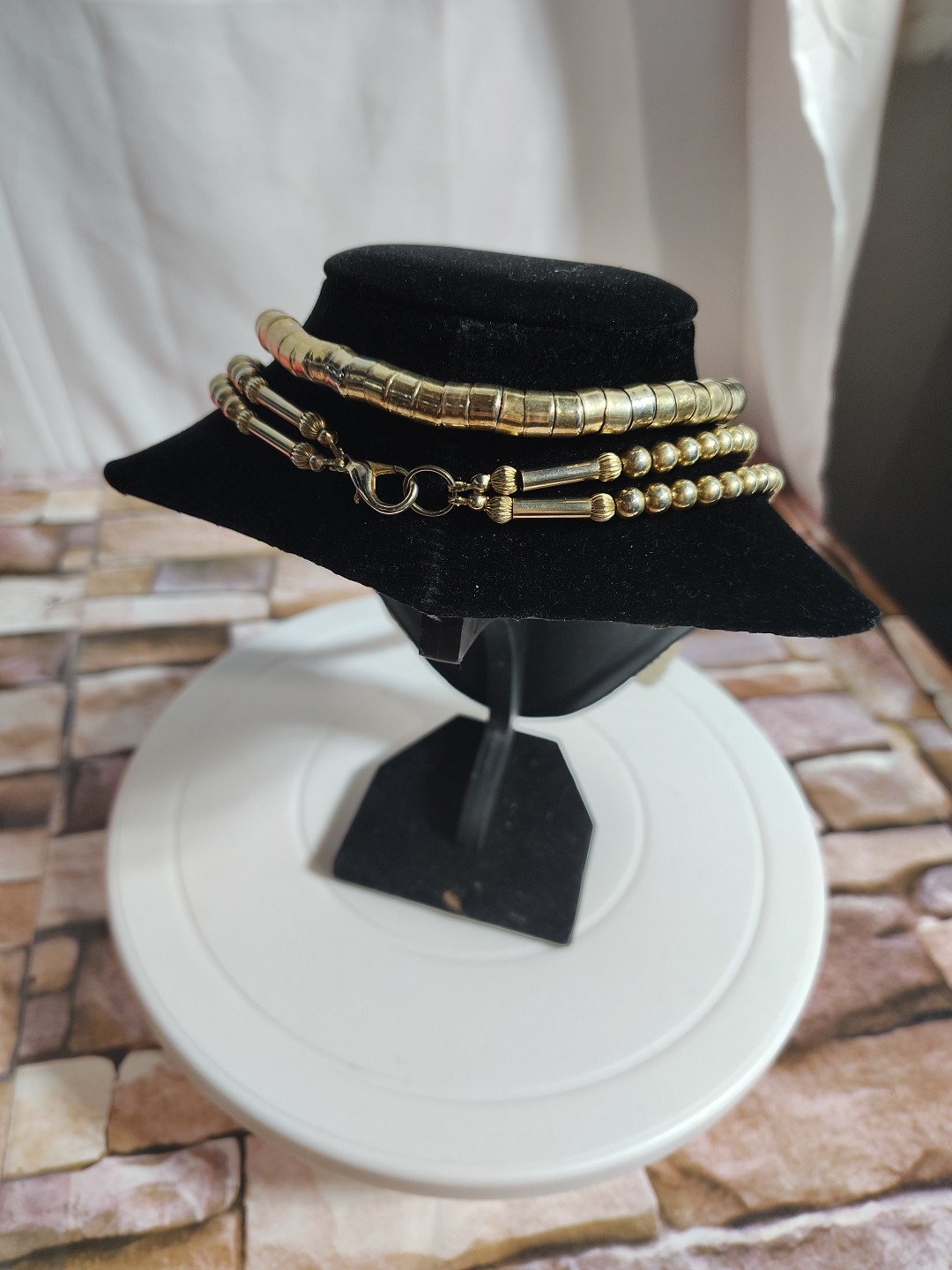 Vintage Retro Long Gold Tone Metal Beaded Statement Costume Flapper Necklace