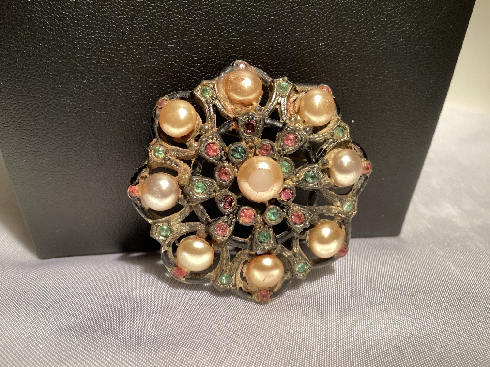 VTG Brooch Pin Signed NE New England Glass Works Pearl Filigree