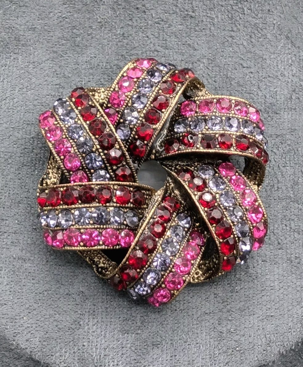 Vintage Signed Monet Ribbon Brooch Purple, Pink, Red Rhinestones