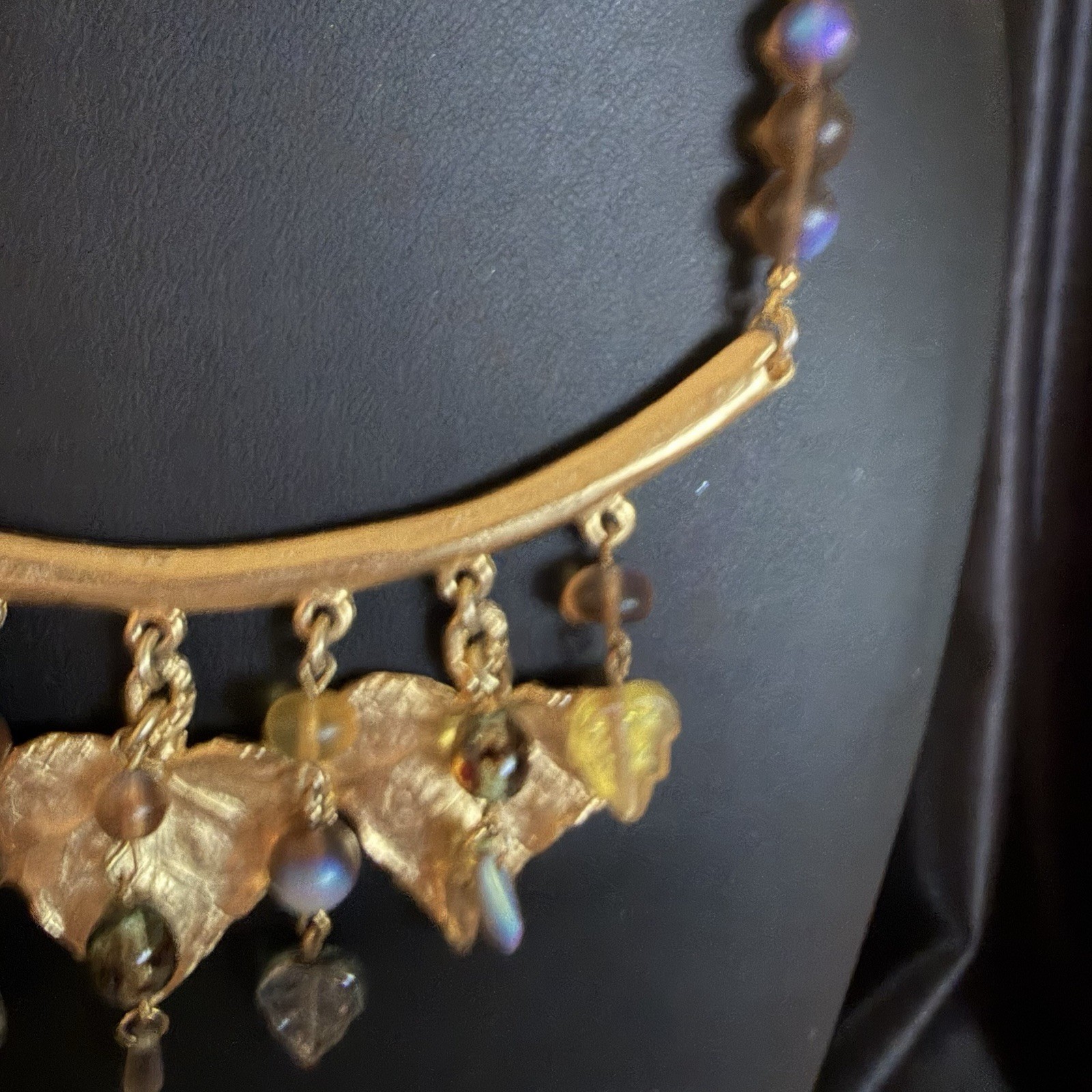 Vintage Art Nouveau revival type statement bib necklace Gold-tone Leaves Glass