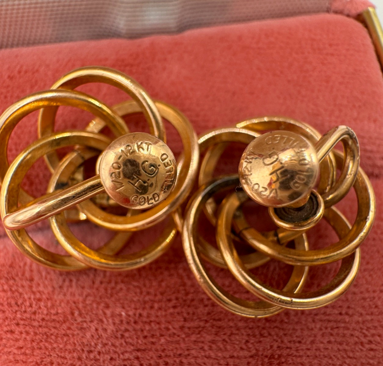 VICTORIAN TRUE LOVERS ENDLESS KNOT YELLOW GOLD FILLED 12K EARRINGS SCREW BACK 1″