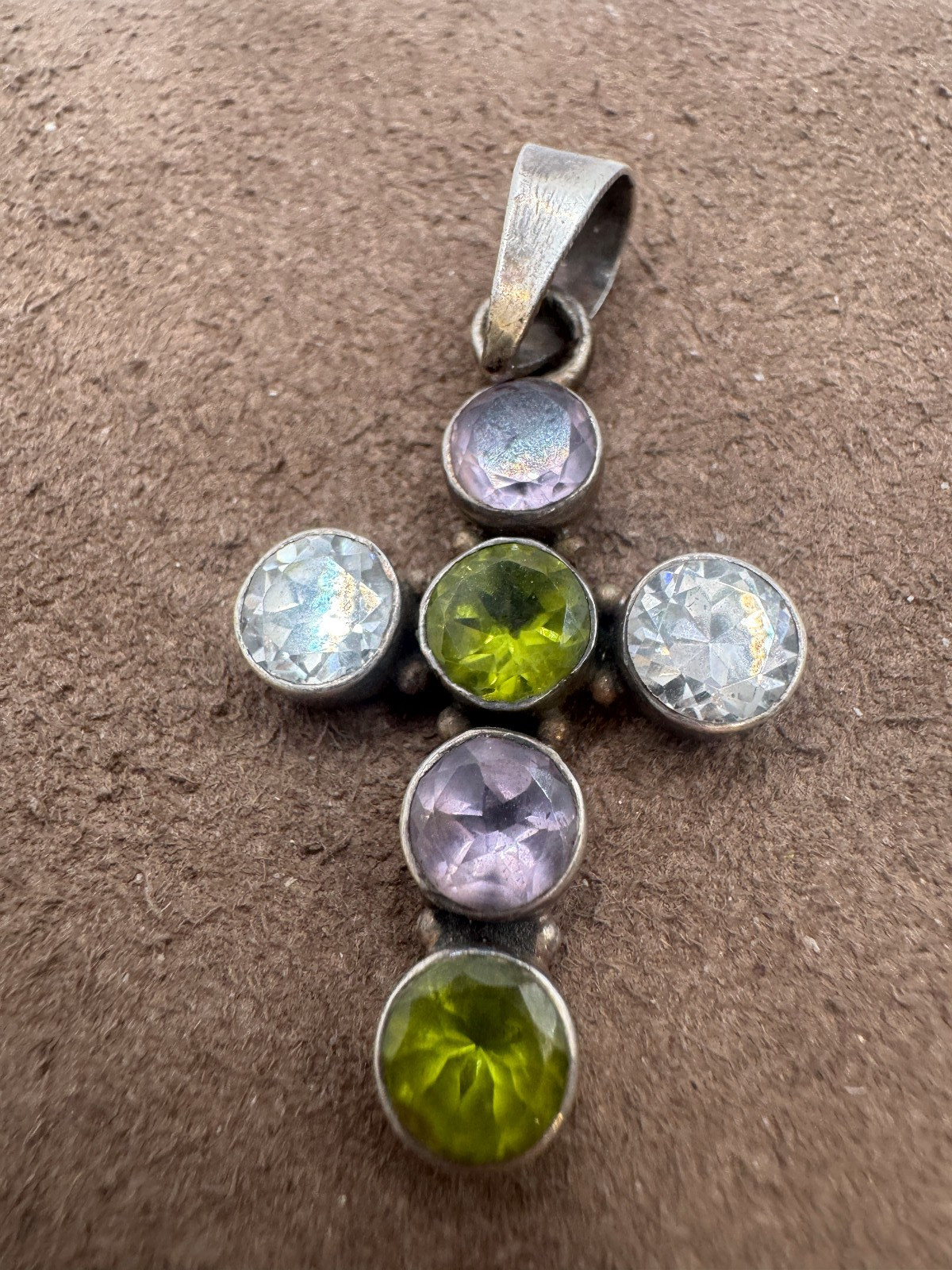 Vintage Sterling Silver Green White and Purple stone cross