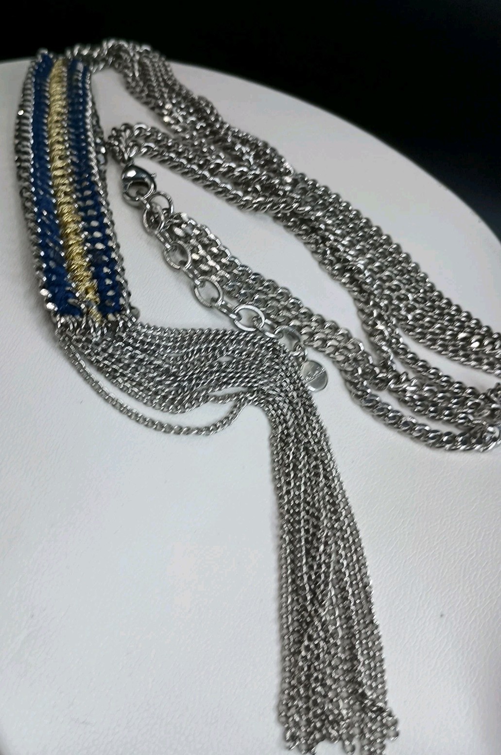 Stella & Dot Long Tassel Necklace Rhinestone Fringe Silver Tone 35″