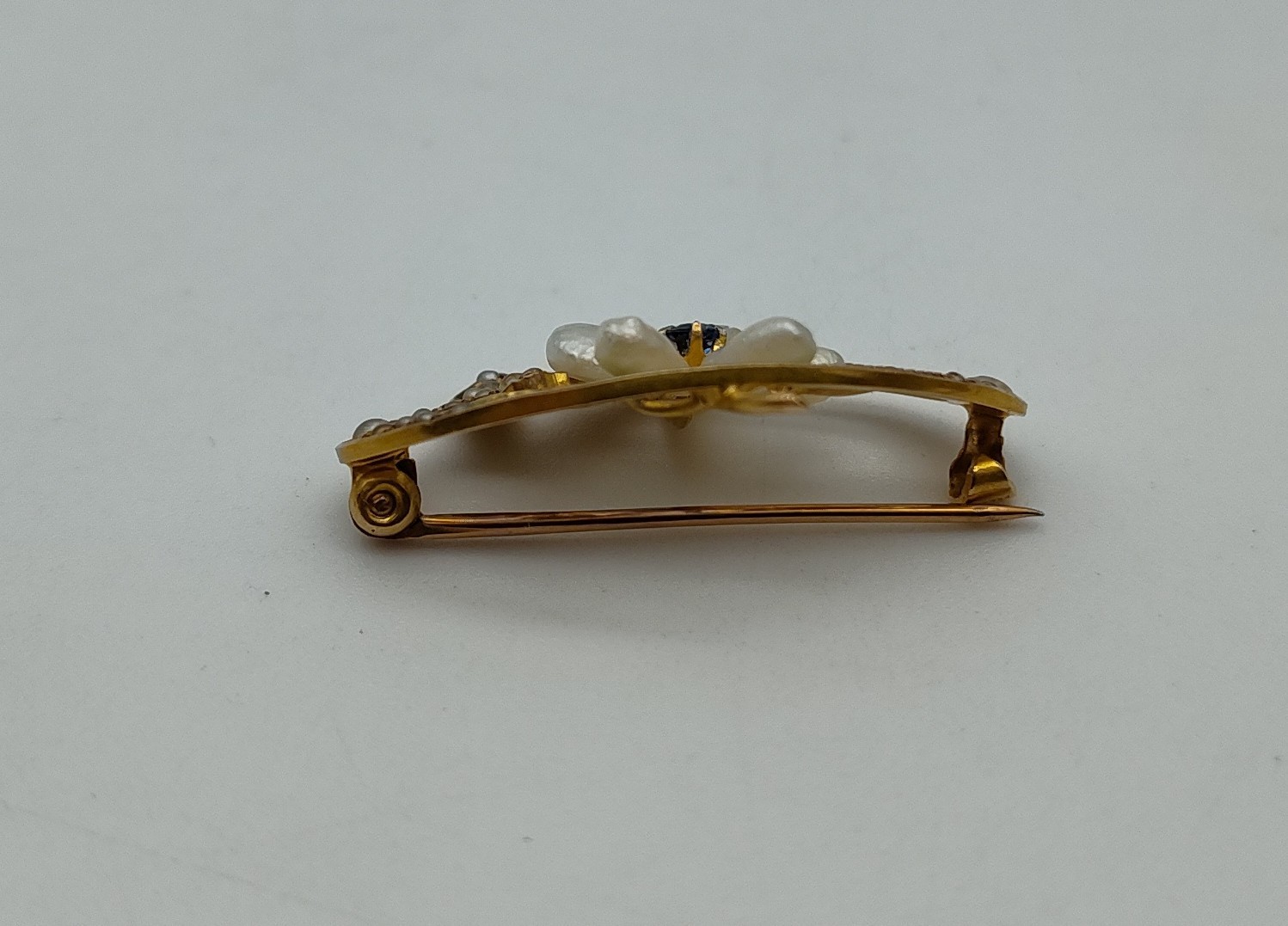 Antique Flower Pearl Blue Stone 10K Yellow Gold Green Enamel Brooch Pin Lapel