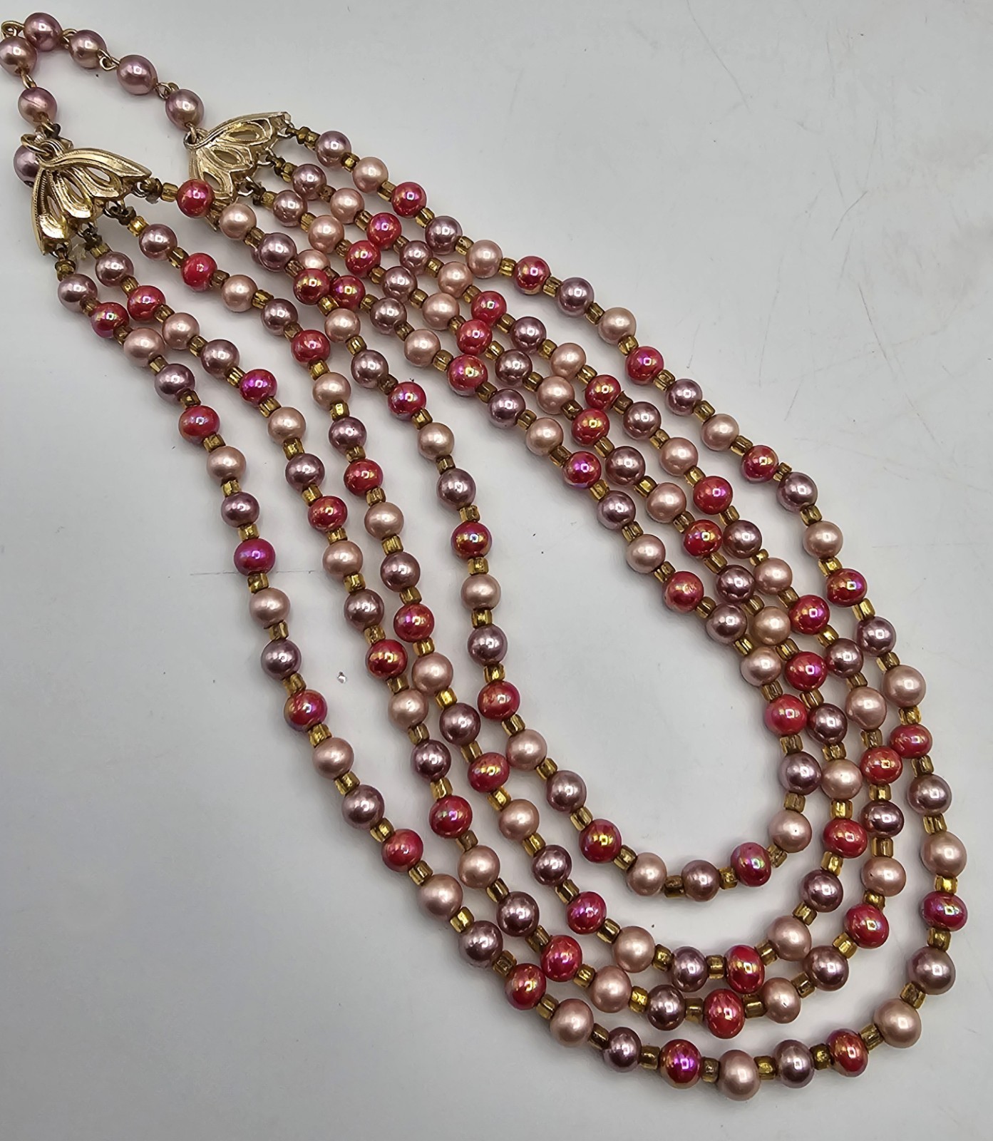 Vintage Multi-Strand Faux Pearl Necklace ~ Pinks & Purples Three Strand Japan