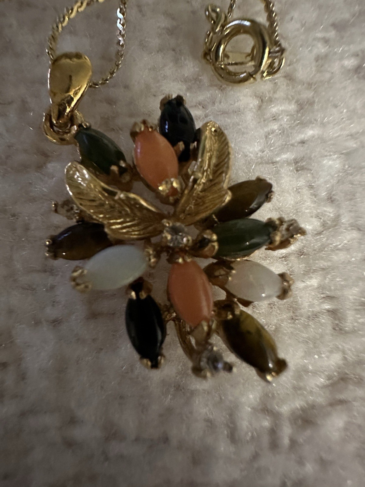 Gold Tone Gemstone Pendant Necklace Vintage Jade Coral Tigers Eye Opal