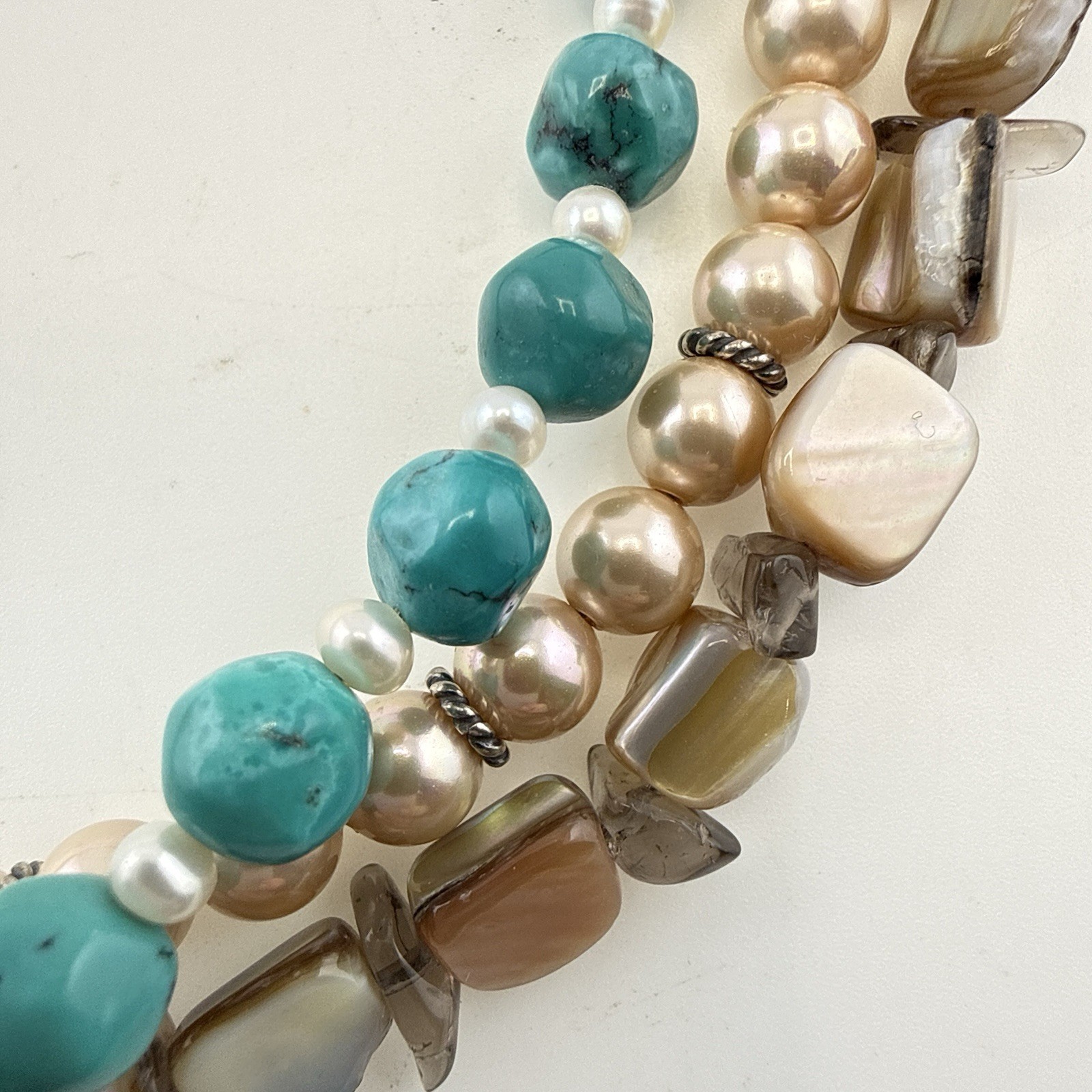 Deb Guyot Necklace Turquoise Pearl Triple Strand Sterling Silver 925 HSN Torsade