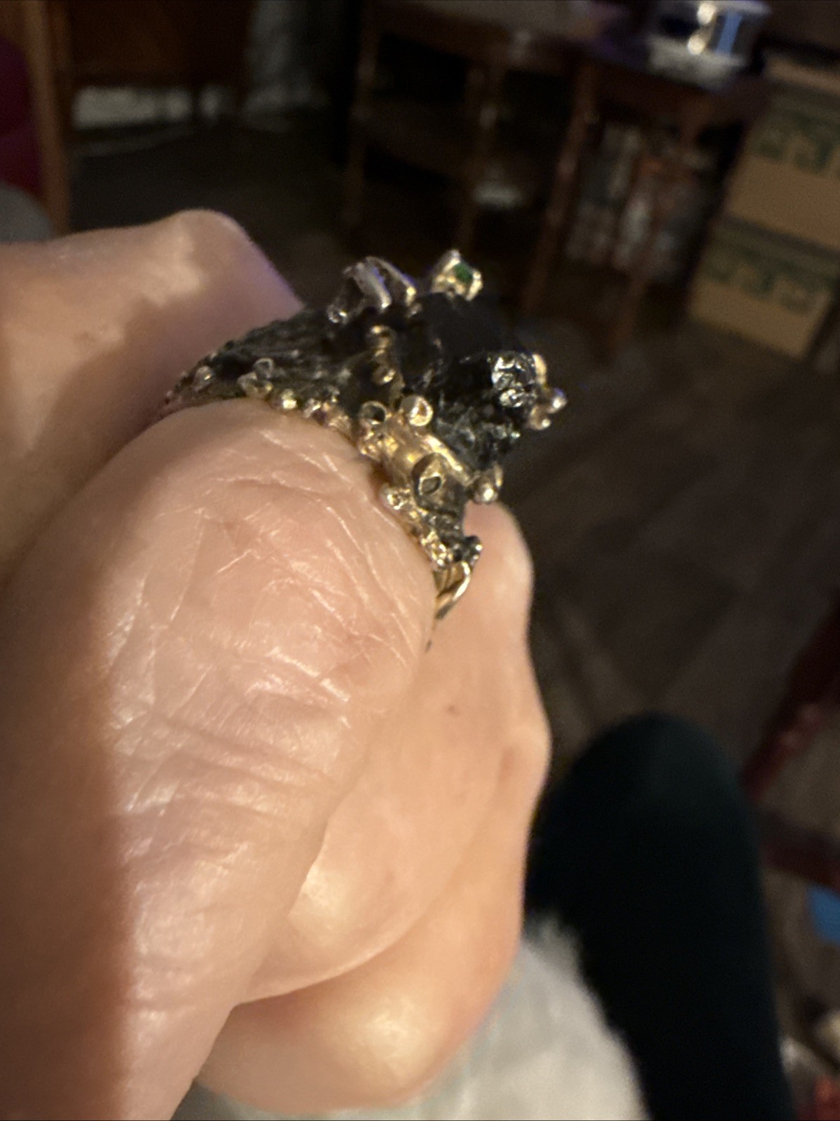 Vintage Reindeer Ring Sterling With A Black Beryl Stone And A Green Stone Size 8