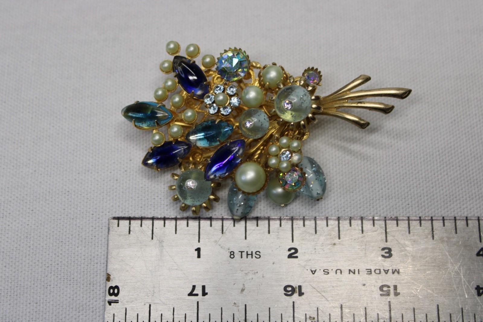 Vintage Rhinestone Faux Pearl Brooch Clip Earrings Set Blue AB Gold Tone Retro