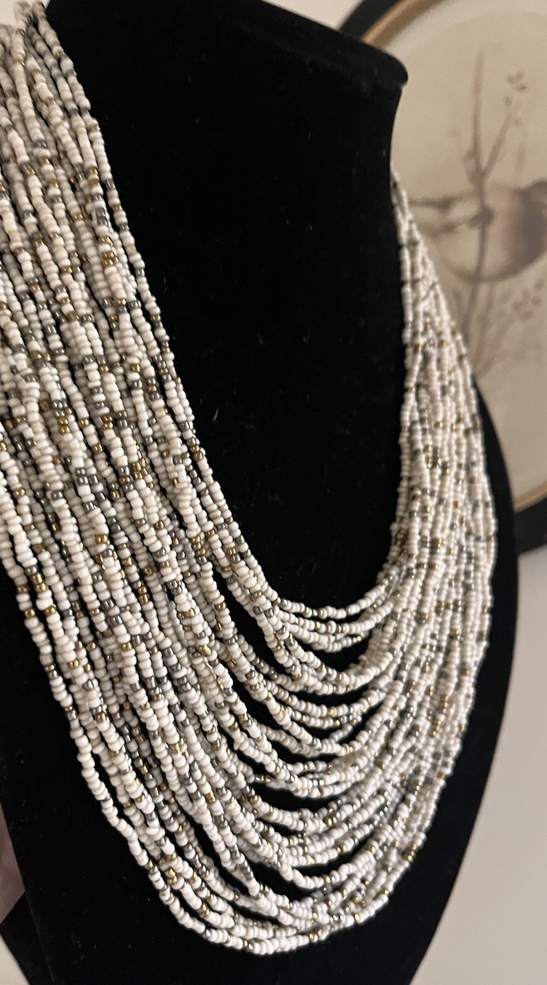 Vintage Multi Layered Ivory Gold Glass Seed Beaded Wood Hook Clasp Boho Necklace