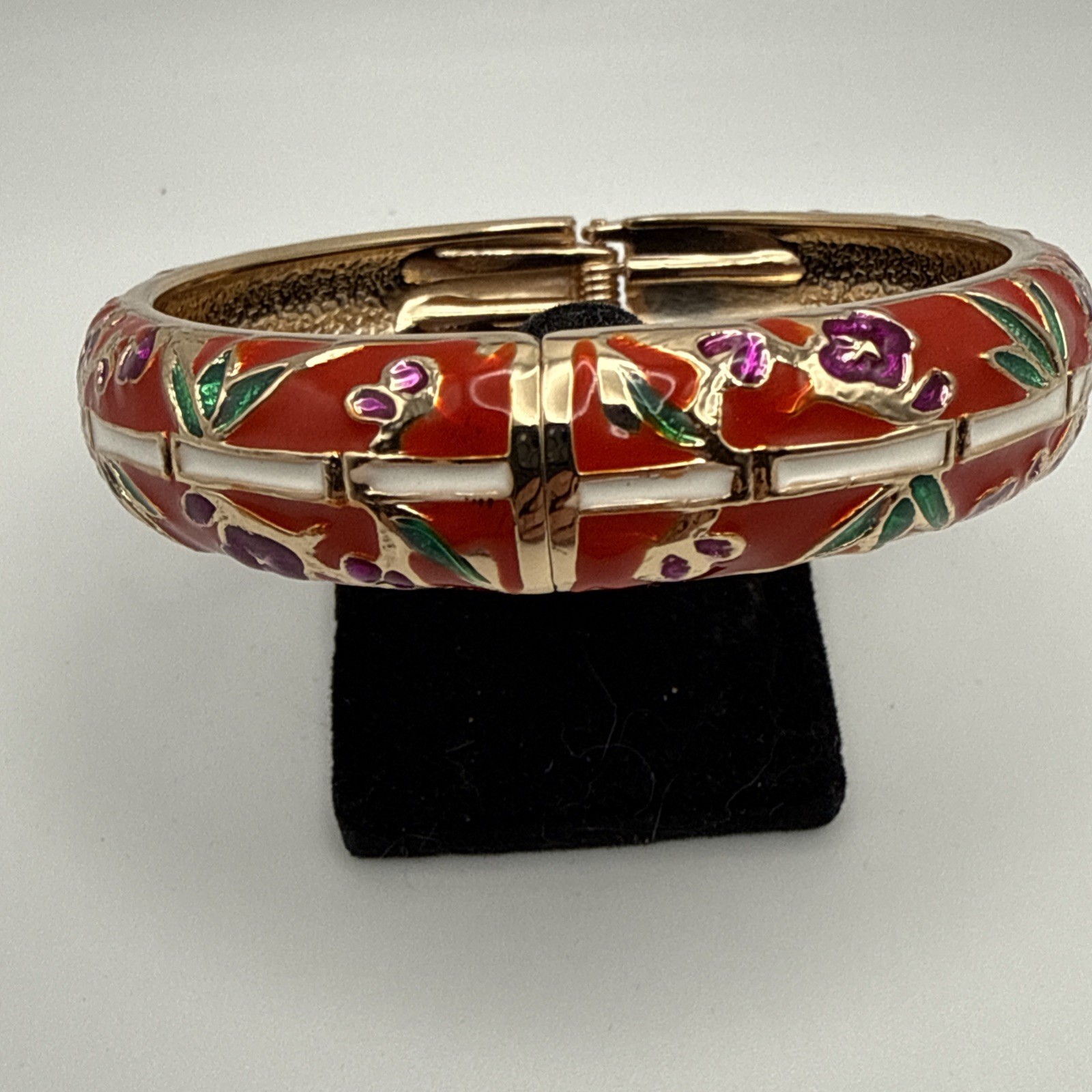 Jiu Long Xing- Red, Purple, White, Green Enamel Hinged Bangle Bracelet- Signed