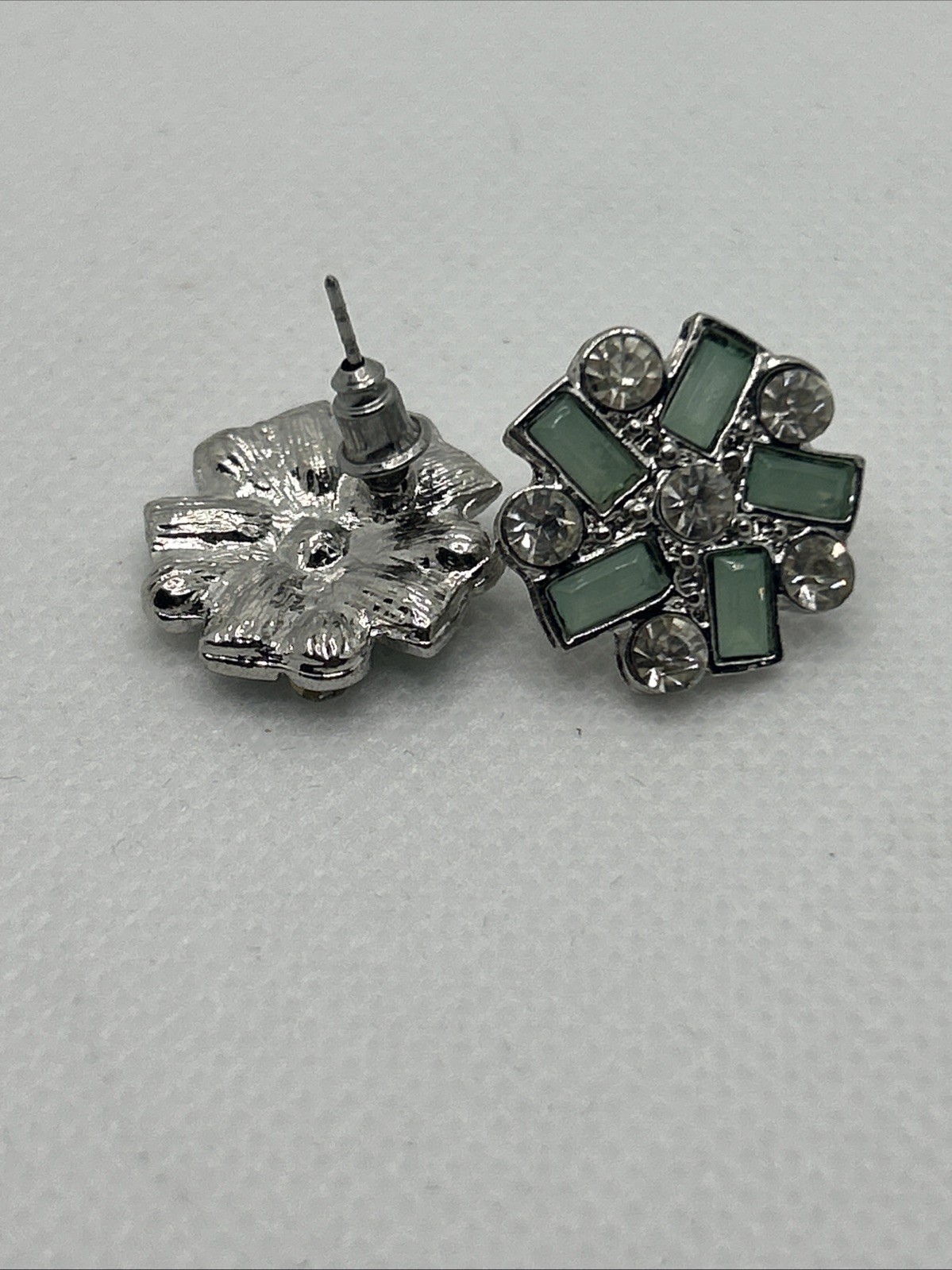 Vintage Milk Green Emerald Cut And Round Clear Rhinestones Stud Earrings