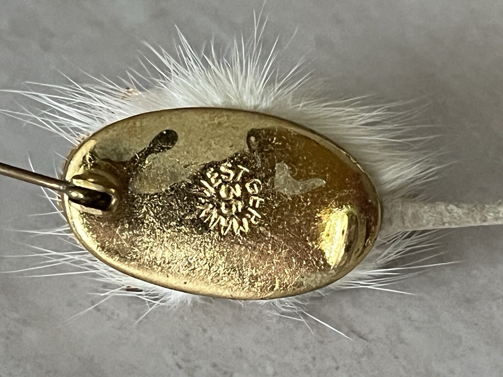 Vintage West Germany Signed Gold Tone White Faux(?) Fur Dog Brooch Pin
