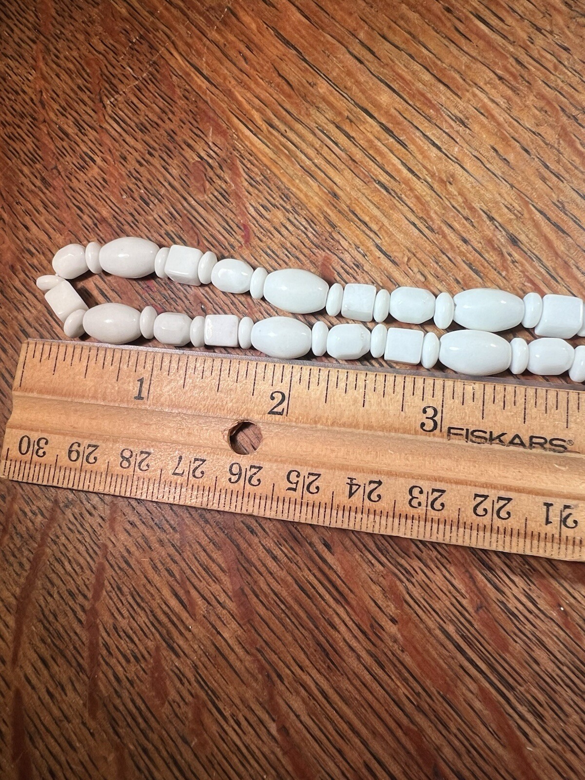 Vintage White Milk Glass Long Necklace Square Oblong Faceted Lozenge Beads 32”