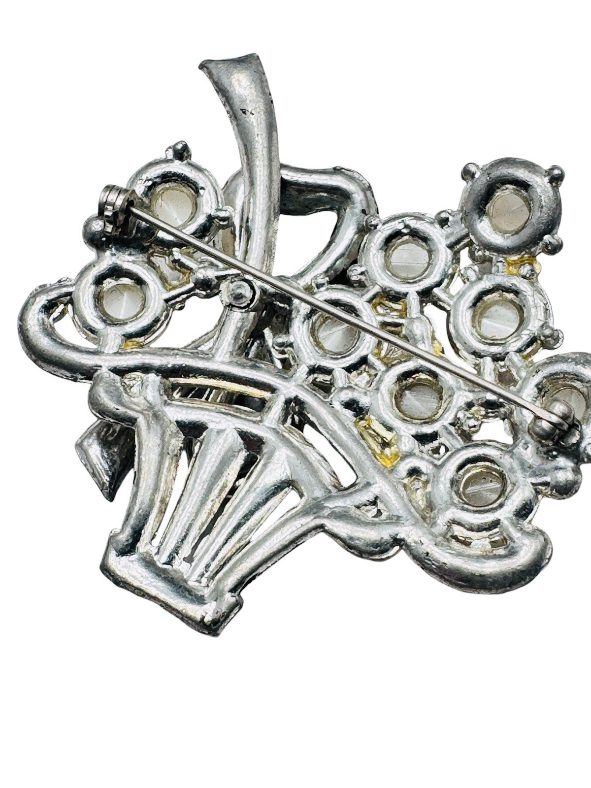 Vintage Coro? Moonglow Cabochon Basket Brooch w/Bow Rhinestones