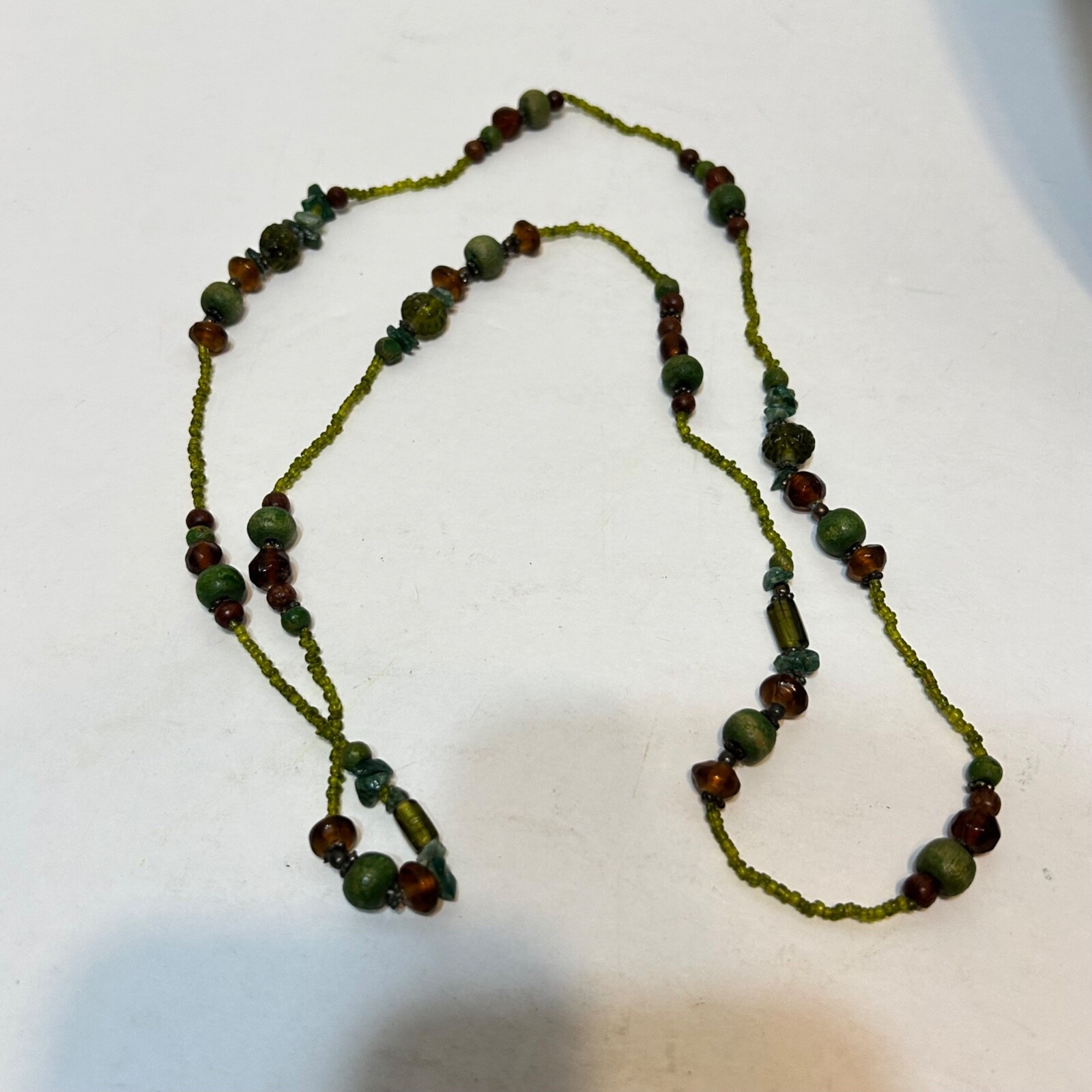 Vintage Womens Pull Over Necklace Multi Beads Wood Rock Plastic Multicolor 19″