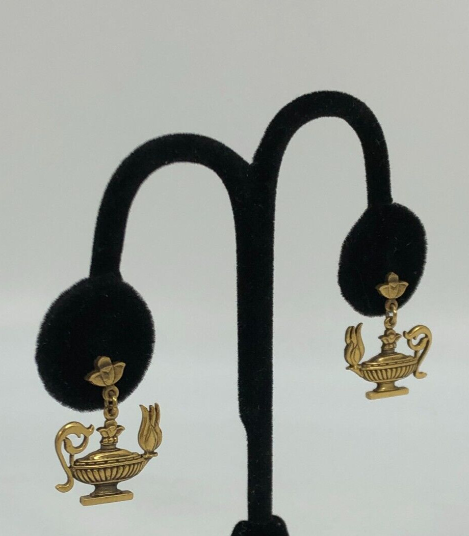 Vintage Alva Museum Replica Genie Lamp Gold Tone Pierced Earrings Dangle Kitsch