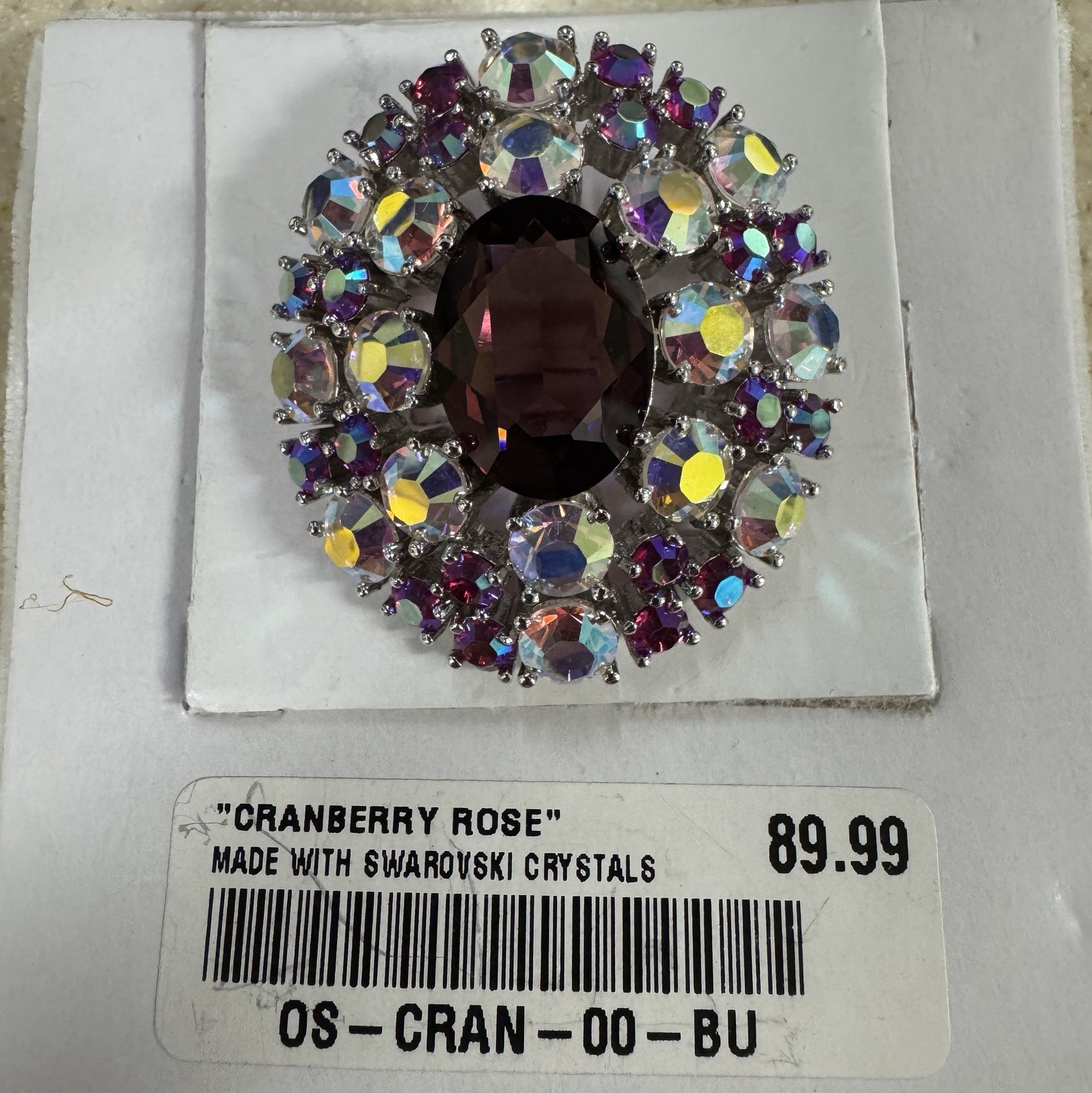 Stunning “Cranberry Rose” Brooch Made With Multi Colored Swarovski Crystals