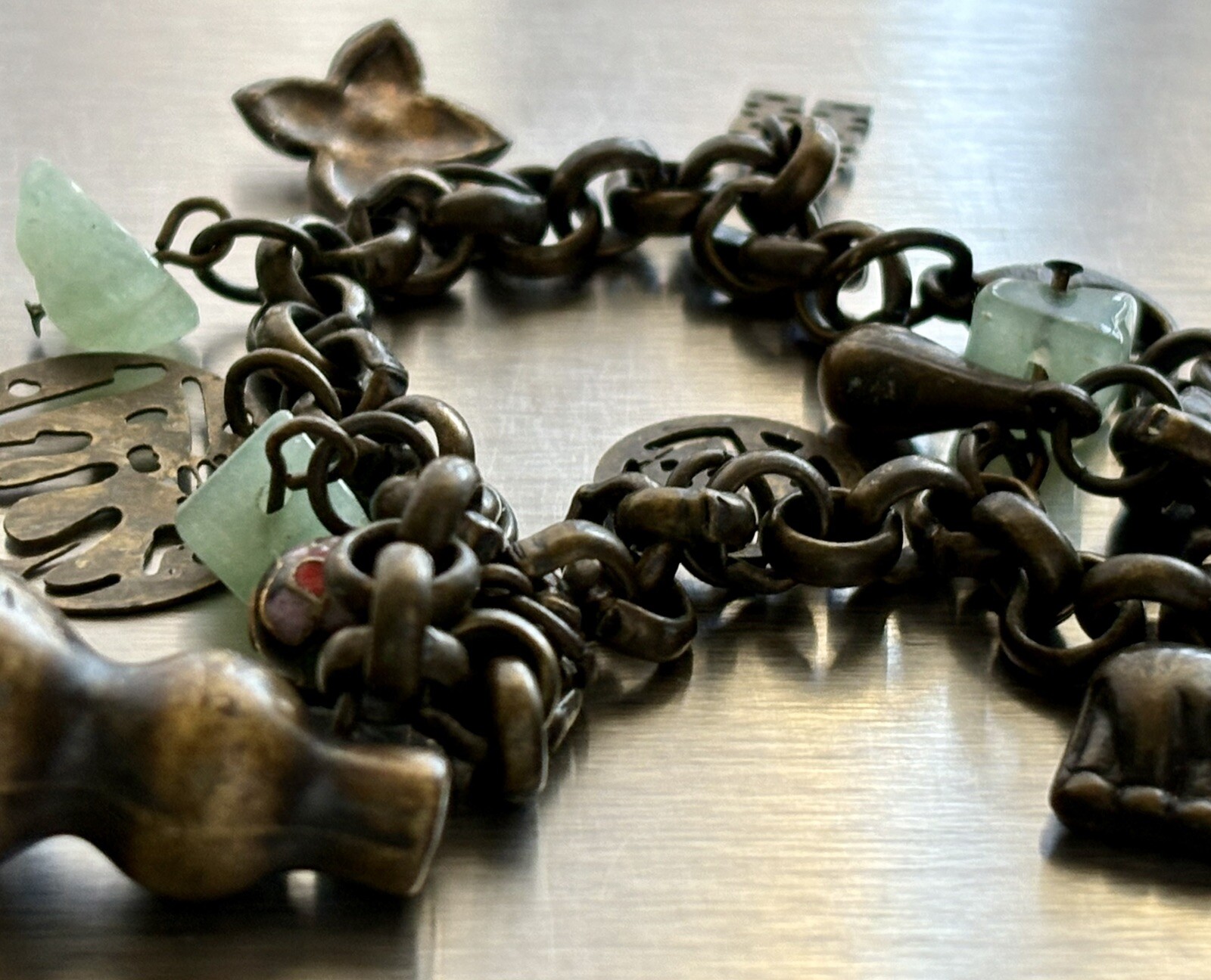 Vintage Chinese Cloisonné Charm Bracelet 7.25in Ladies Good Luck Jade 16.80g