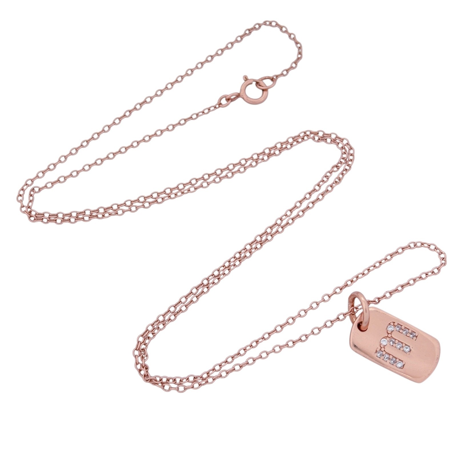 Cubic Zirconia Rose Gold-Plate “M” Dog Tag Necklace | 18″