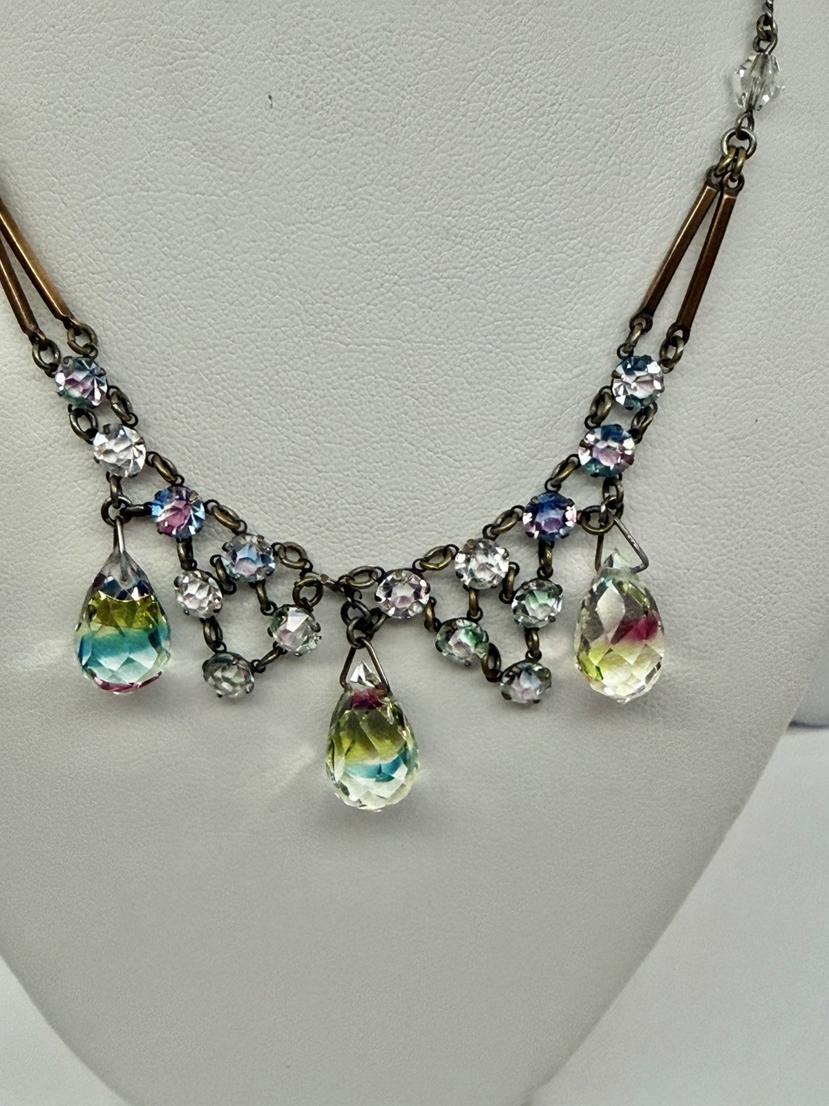 Art Deco Rainbow Iris Arc Crystal & 3 Briolettes Festoon Pendant Necklace 18”