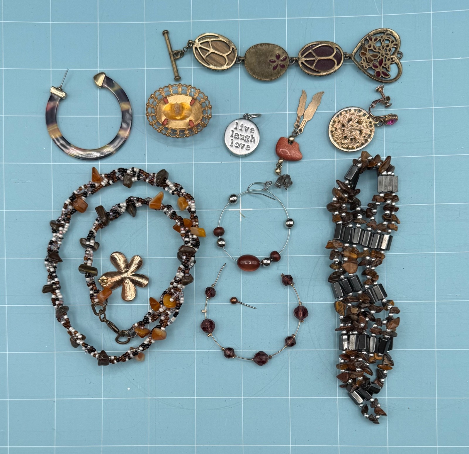 Vtg Jewelry Craft Lot Parts Pieces Necklaces Earrings Earthtones Tigers Eye