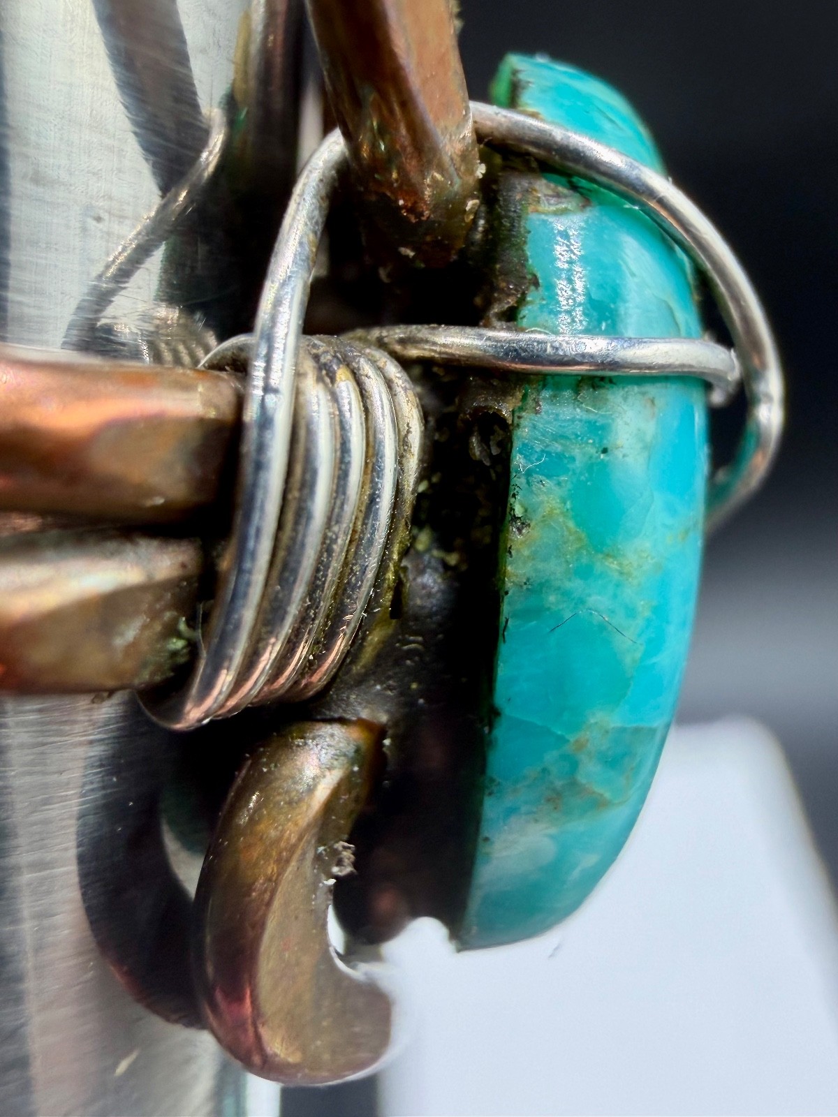 Artisan Mixed-Metal Copper Turquoise Wire Sterling Silver Wrapped Ring Sz 6