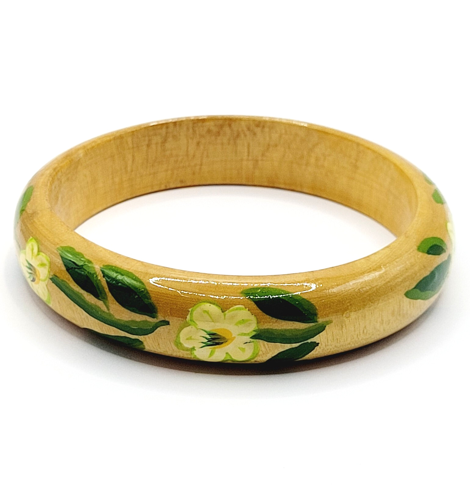 Wood Bangle Hand Painted Cream Flowers Green Leaves Lacquered Bangle Bracelet