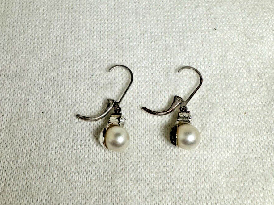 White Faux Pearl Dangle Earrings with Round CZ – Silver Tone Leverback – 1″
