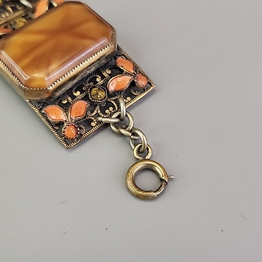 Vintage Panel Bracelet Brown Faux Star Sapphire Peach Enamel Fall Autumn 7.25″