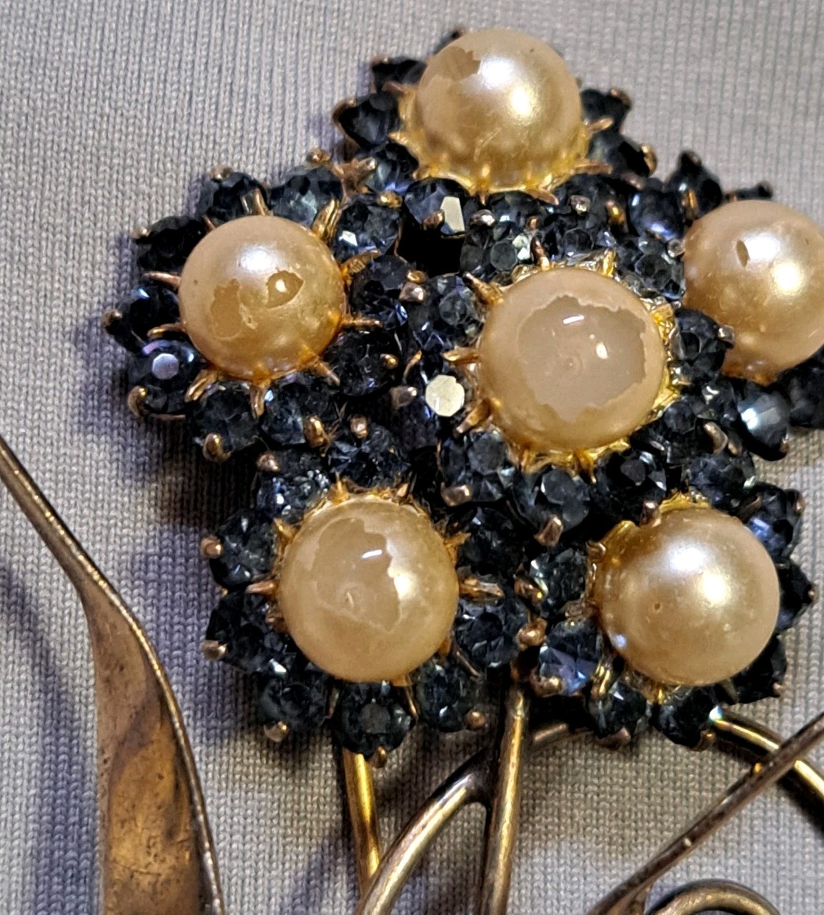 1950s 925 Sterling Silver Vermeil Blue Rhinestone Faux Pearl Brooch 3.5” 17gr