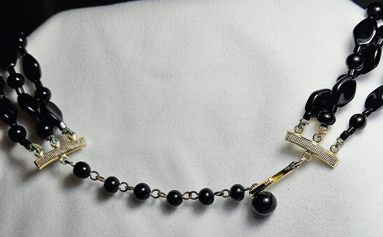 Japan Retro Vintage Necklace Black 3 Strand Glass Beads Metal Hook Clasp