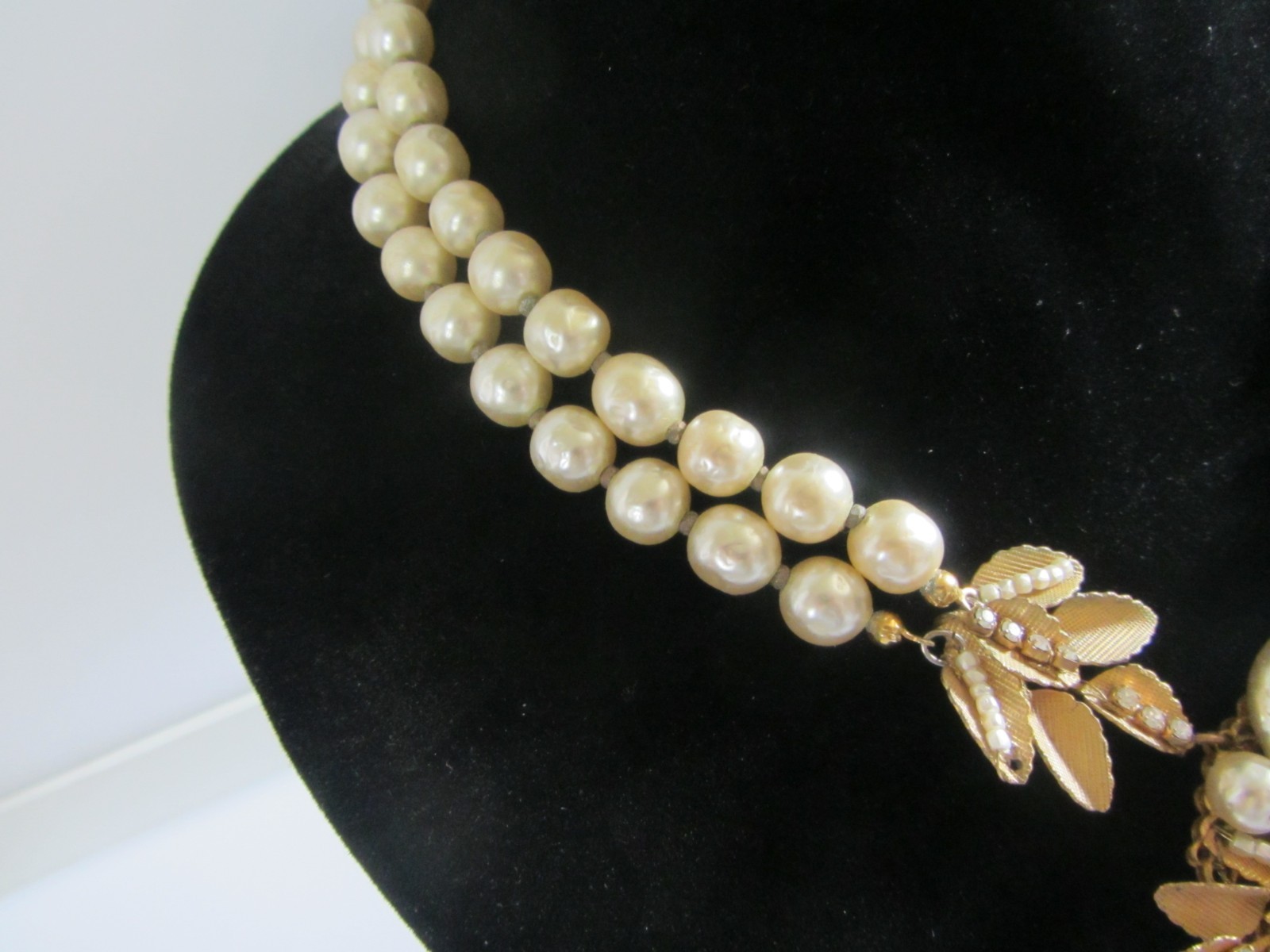 Vintage Signed Miriam Haskell Double Strand Pearl Necklace with Ornate Leaf Pend