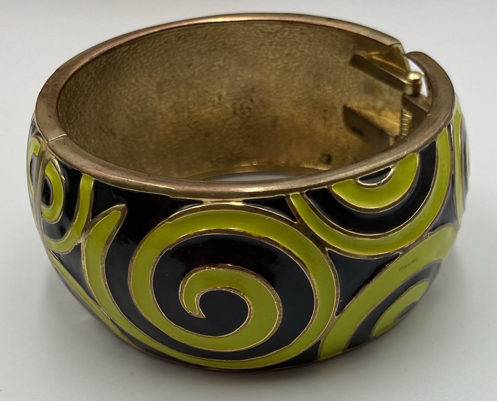 Clamper Bangle Bracelet Lime Green Enamel Swirls Chunky