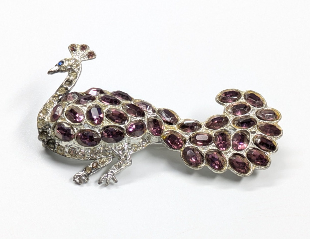 VTG Pot Metal Silver Tone Purple Glass Paste Stone Statement Peacock Brooch Pin