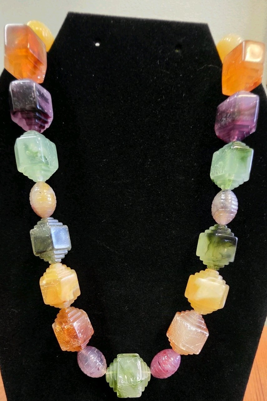 Vintage Plastic Beads Stone Like Necklace Rainbow Lucite Resin Color