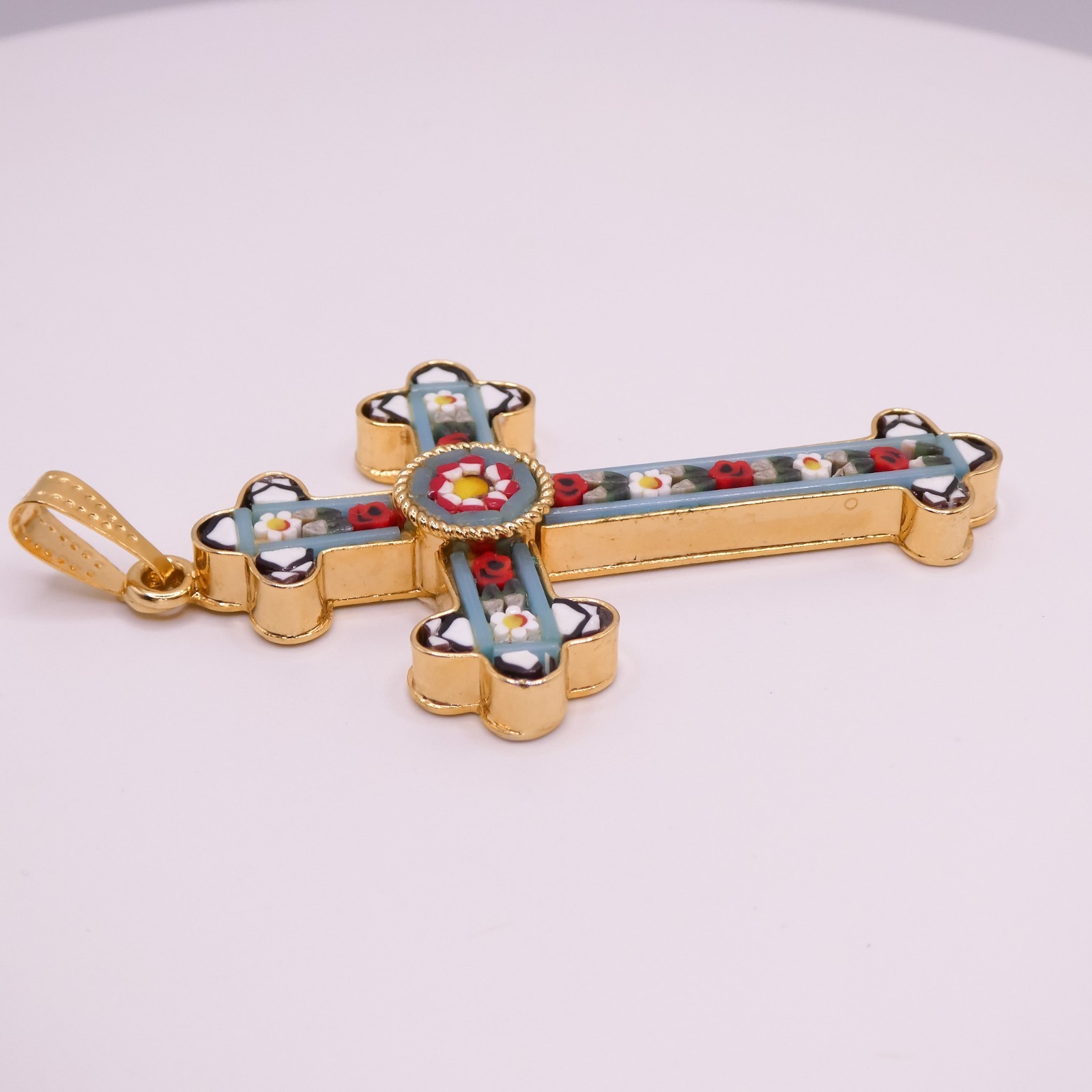 Vintage Italy Micro Mosaic Made In Italy Blue 2.7″ Large Gold Cross Pendant