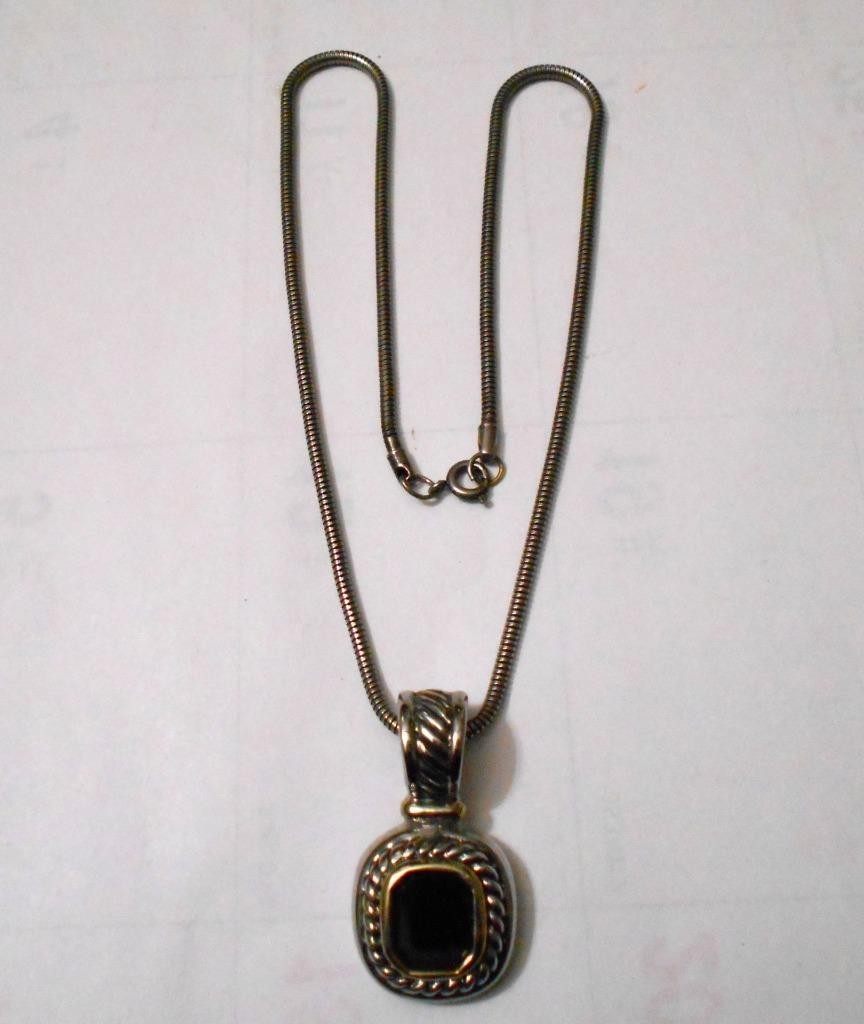 Vintage Black Onyx Silver Tone Slider Pendant Necklace 18″