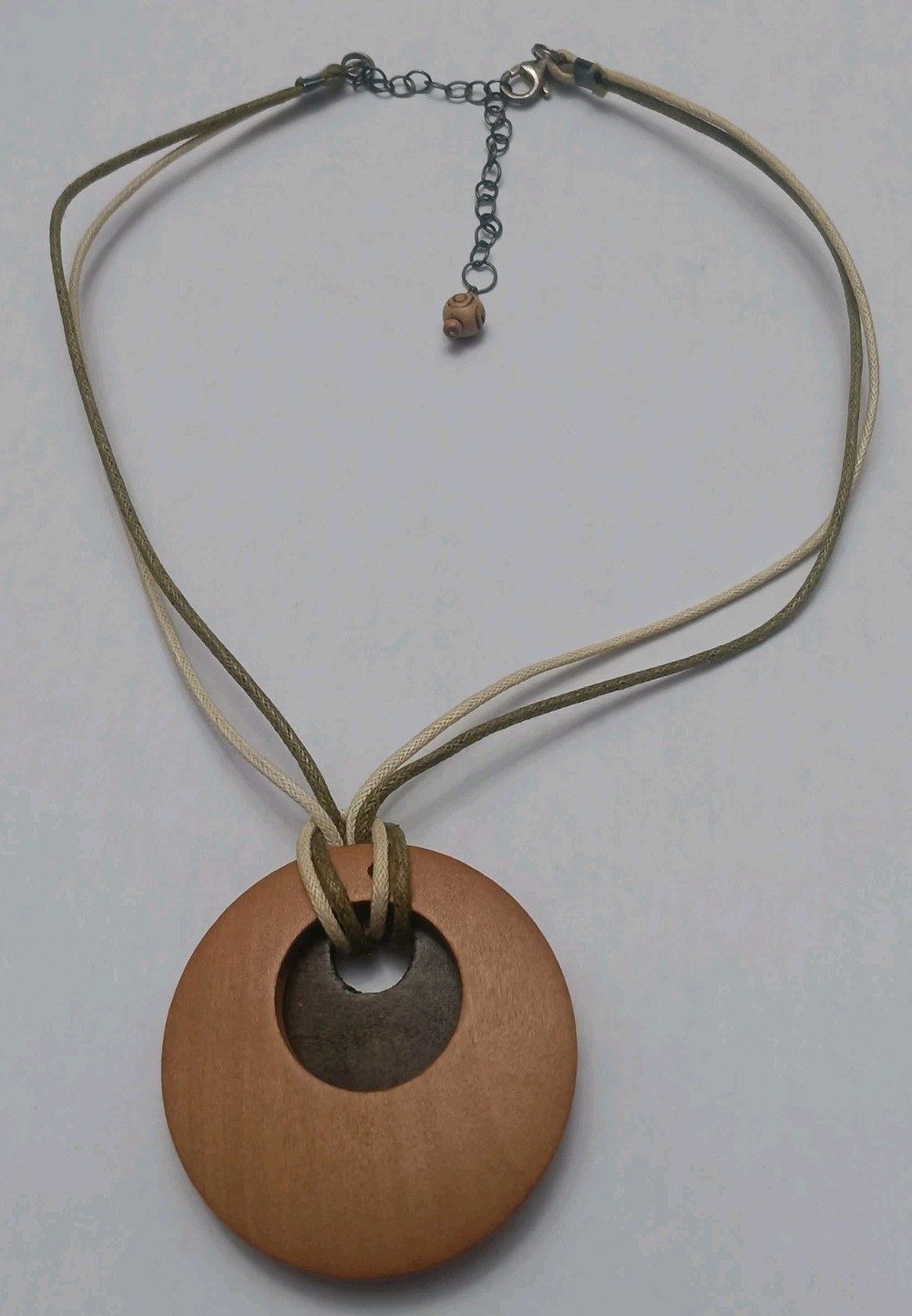 Vintage Sterling Silver 16-19in BoHo Wood And Hemp Rope Necklace 925 Clasp