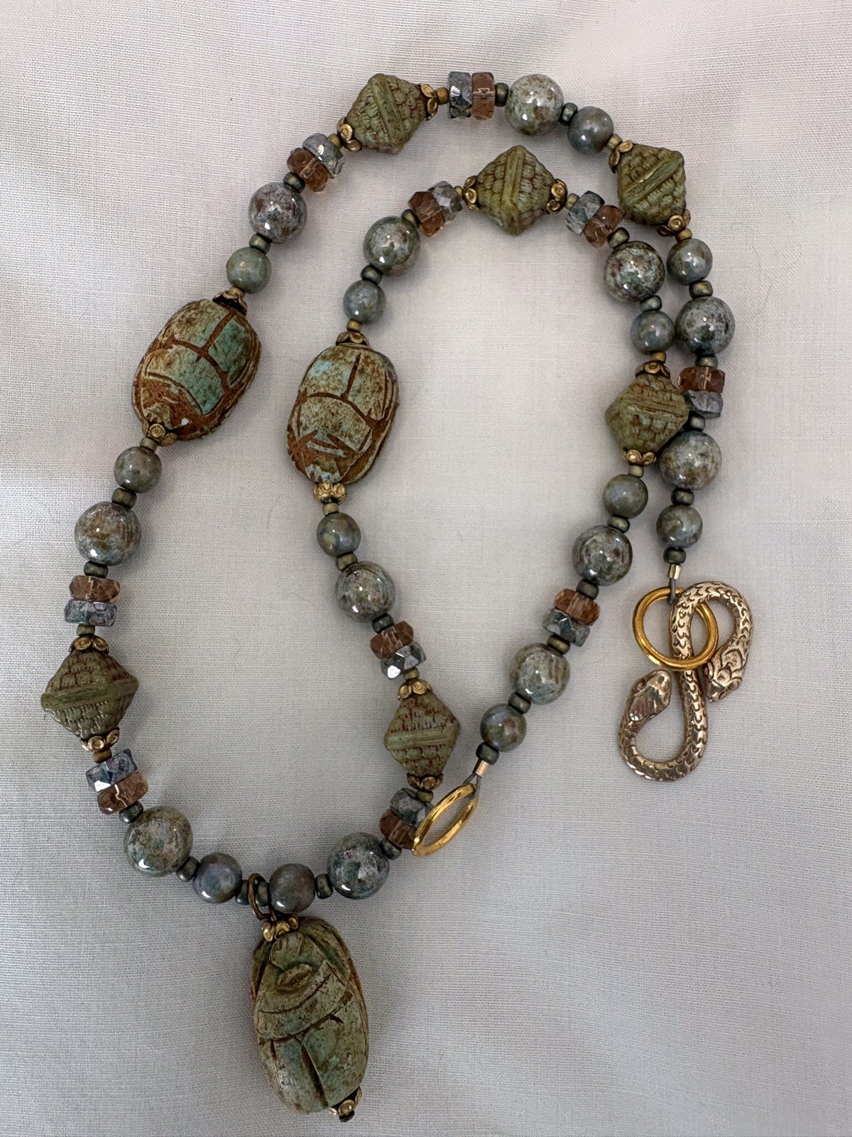Egyptian Revival Faience Scarab Pendant Necklace 925 Snake Clasp NEW
