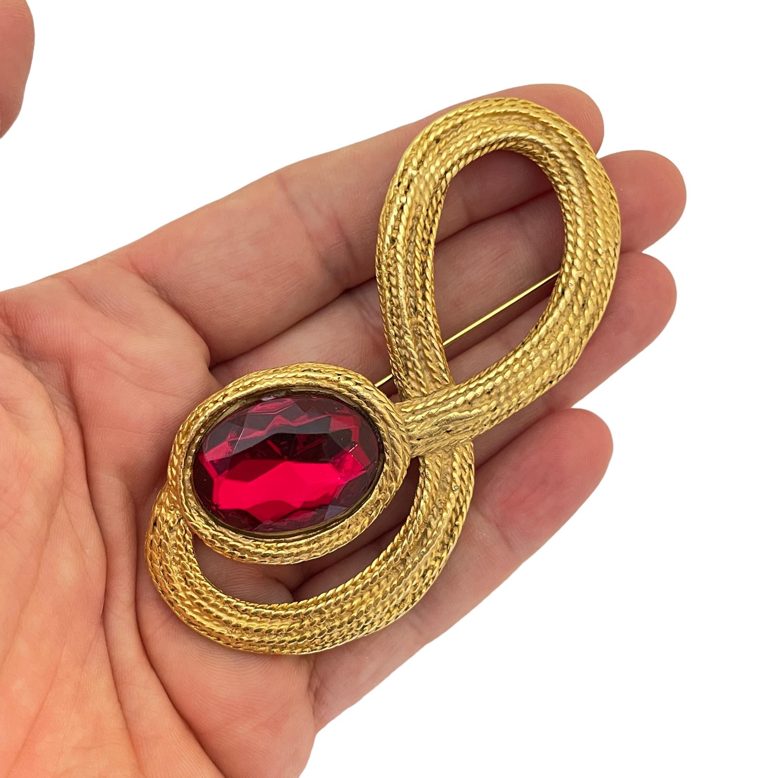 Vintage huge matte gold red glass designer runway brooch
