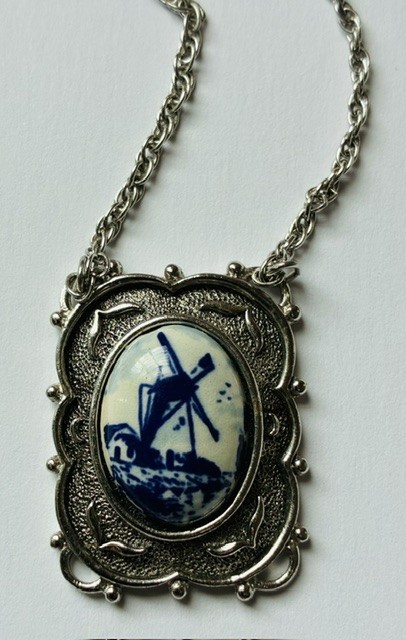 Sarah Coventry Blue White Delft Dutch Windmill Pendant Necklace & Ring, Vintage
