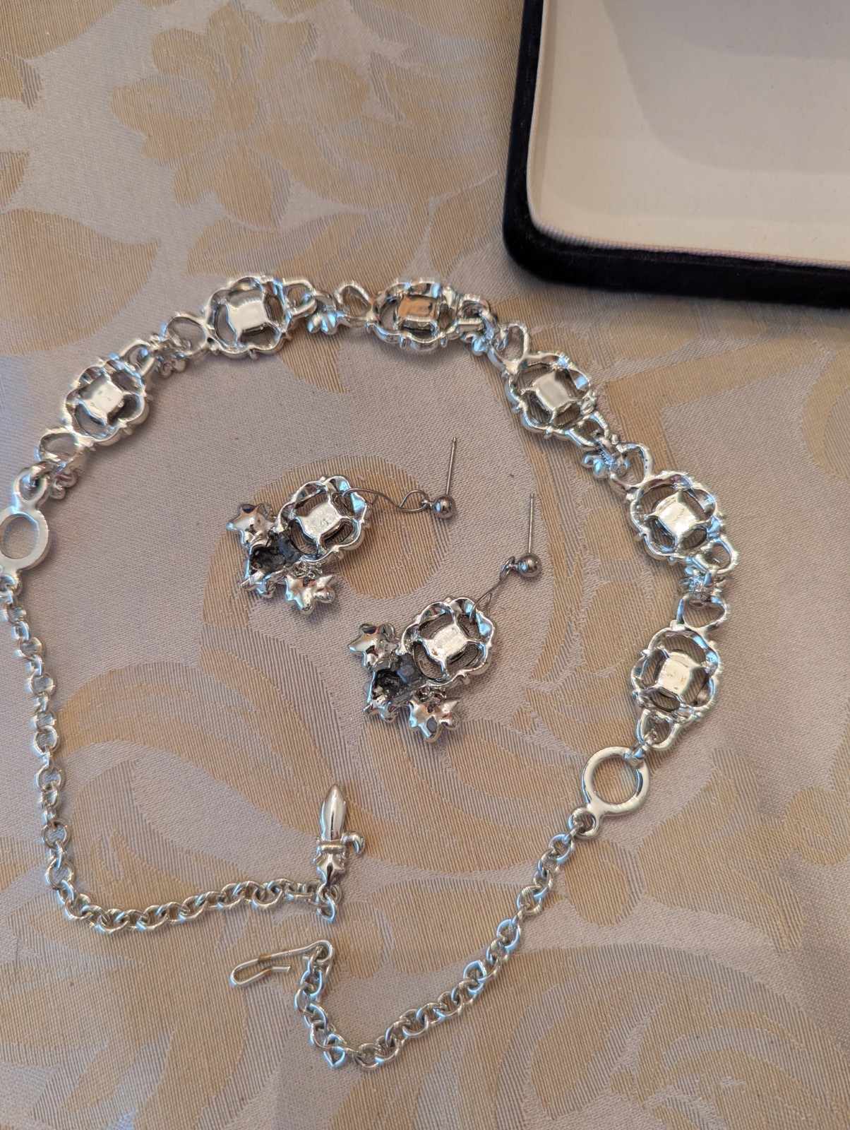 Vintage Iridescent Rhinestones Charcoal Stones Necklace And Earring Set