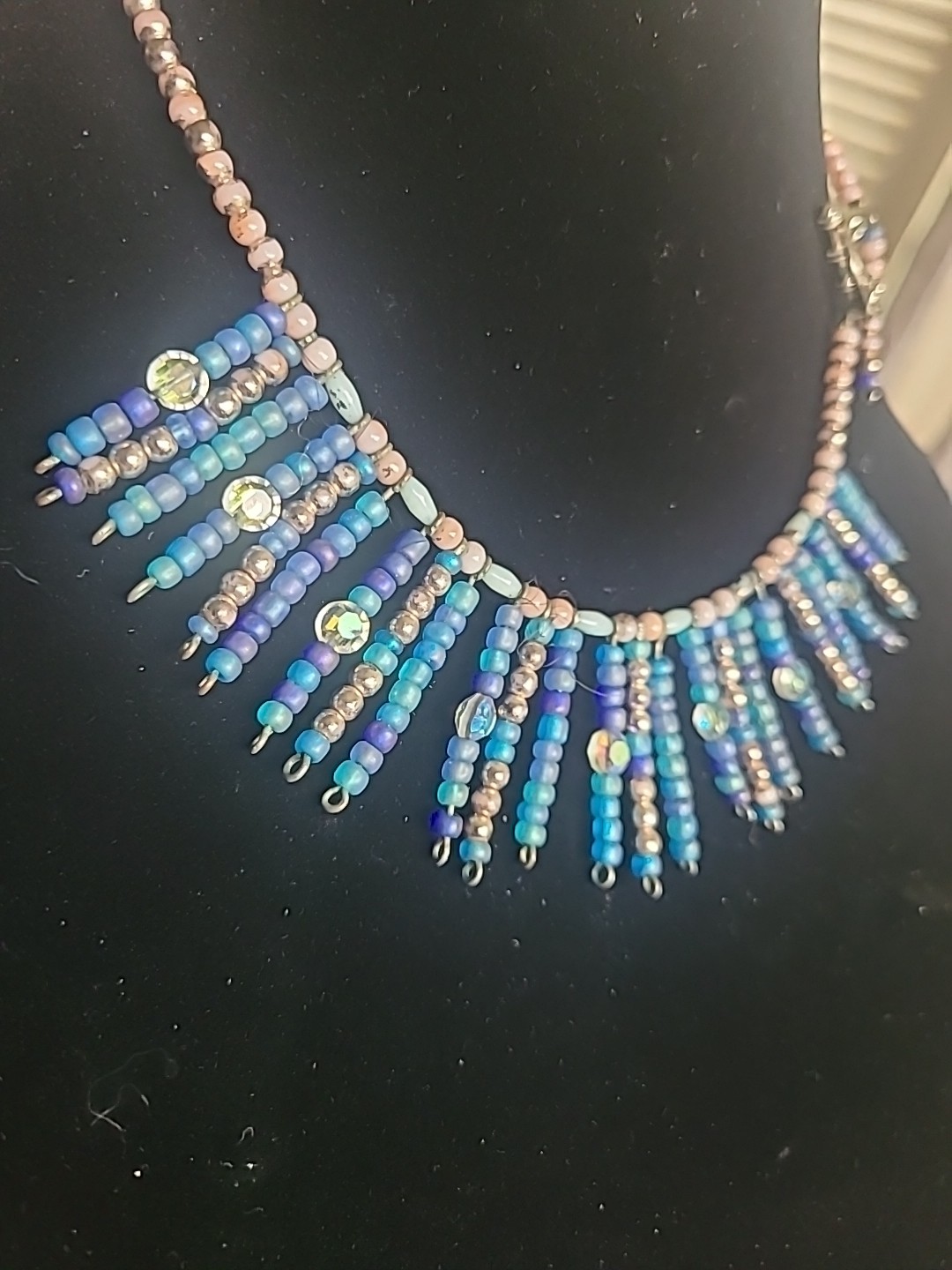 Vintage Artisan Crafted 925 Toggle Side Clasp Tassel Necklace Blue Pinks Silver