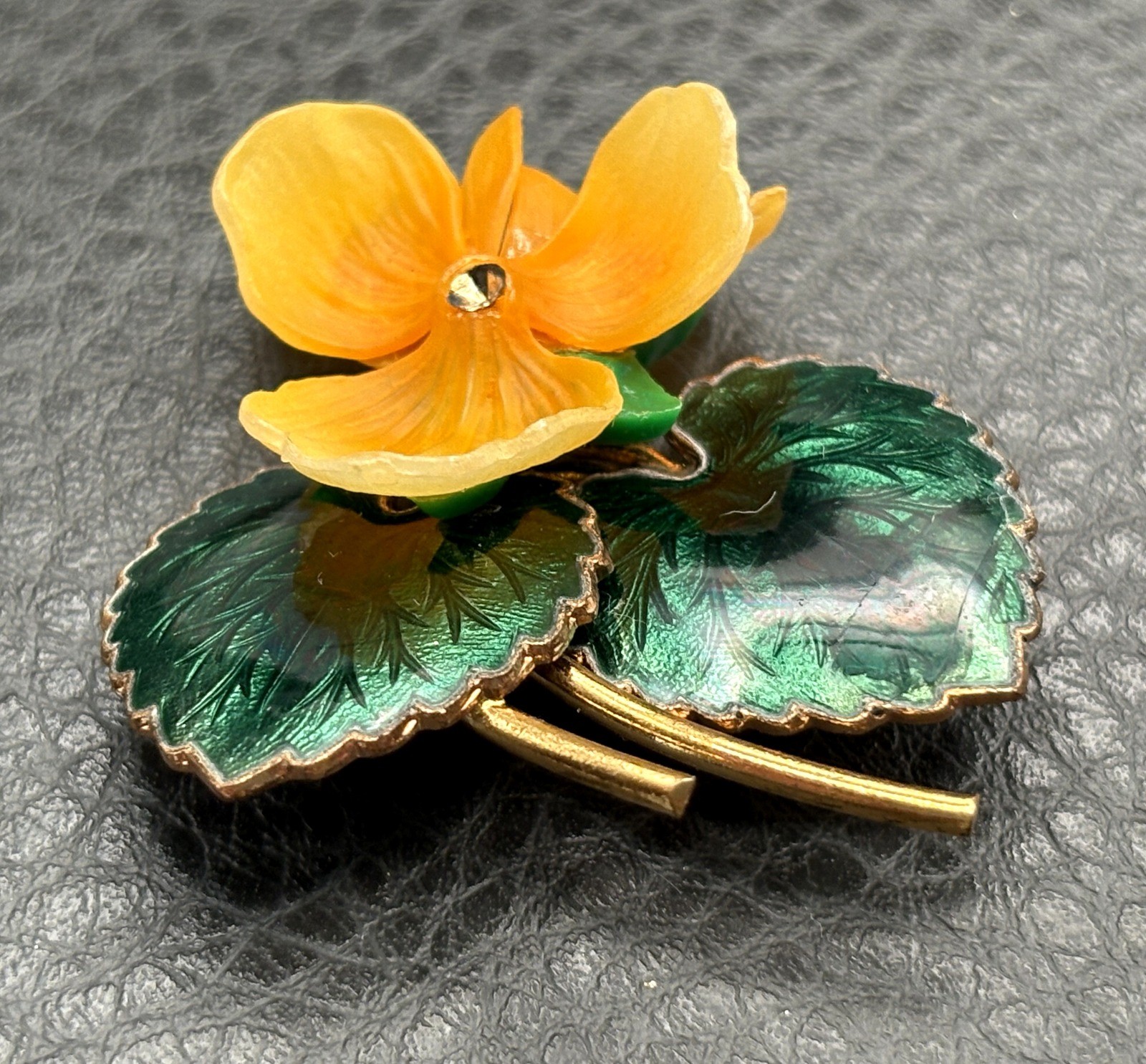 Vintage Yellow Pansy Flower Brooch Rhinestone Green Enamel Leaves Gold Tone Pin